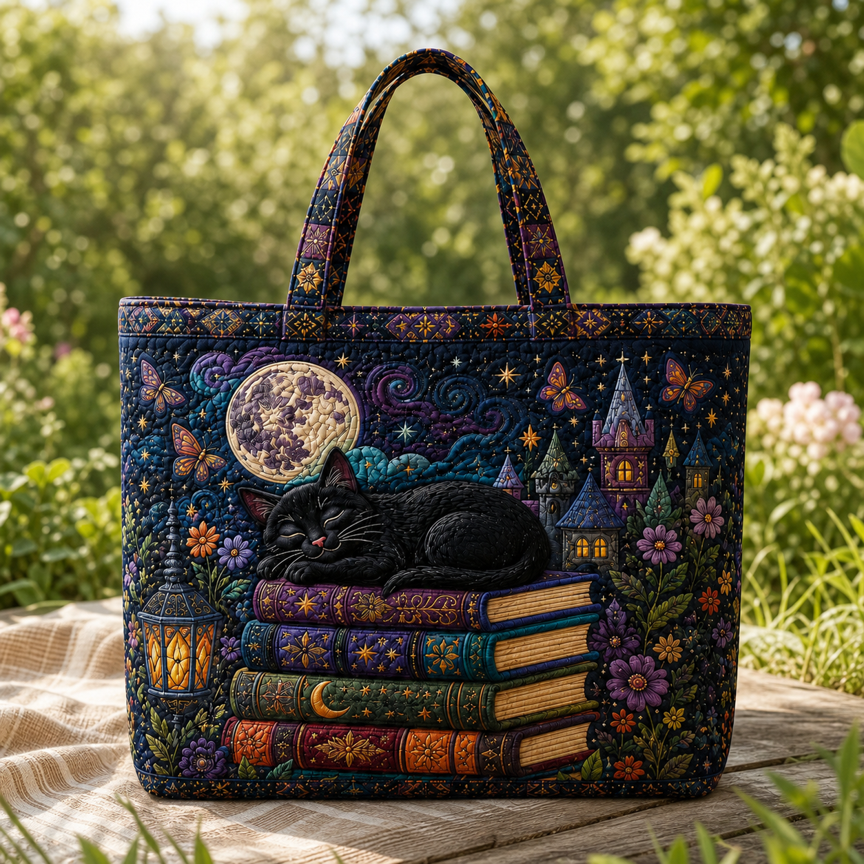 Black Cat Book Lover Quilted Tote, Bookish Cat Mom Gift, Library Bag