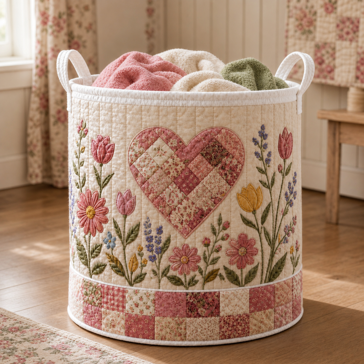 Heart Patchwork Quilted Laundry Bag, Cottagecore Floral Hamper