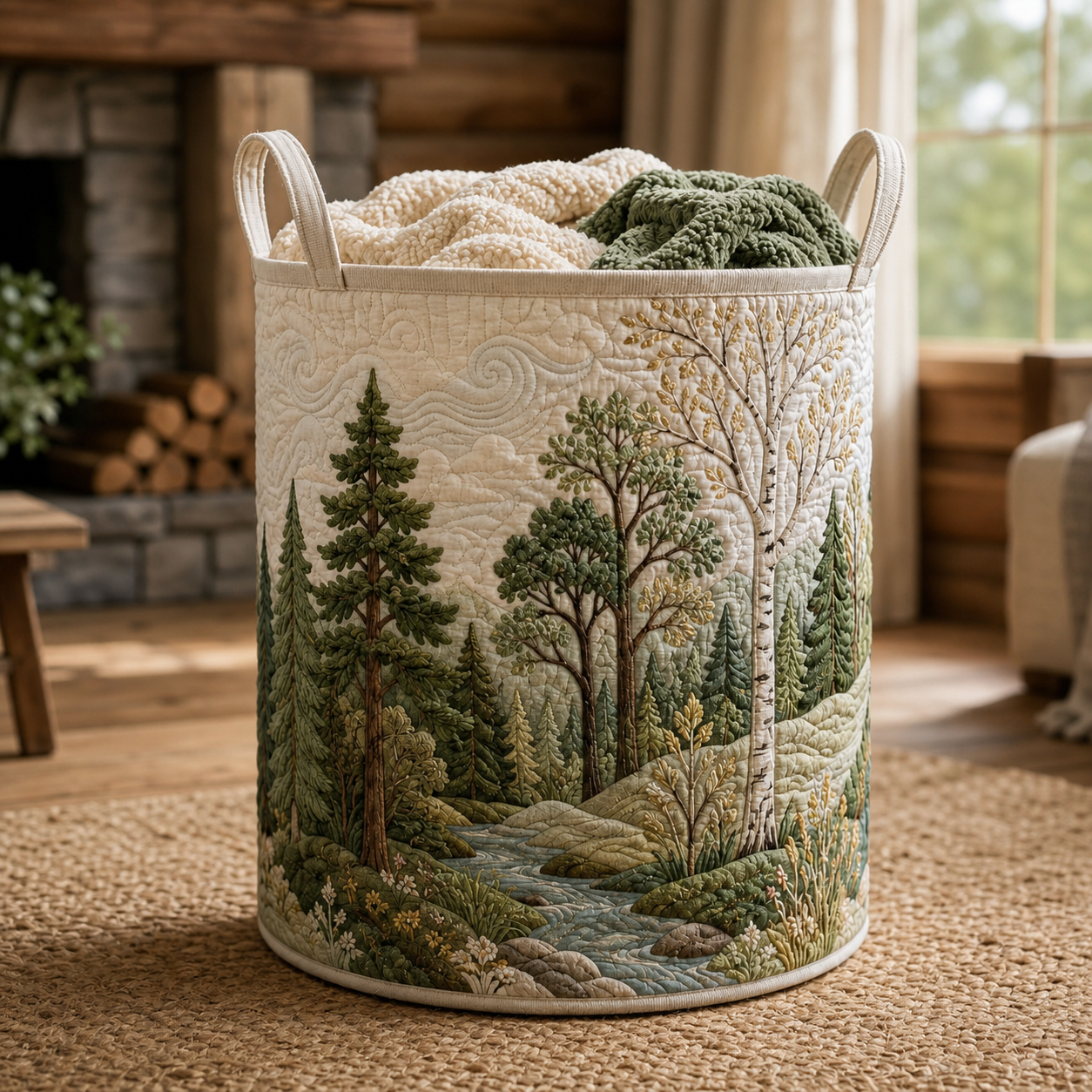 Woodland Forest Quilted Laundry Basket, Rustic Cabin Decor, Gift for House Wife