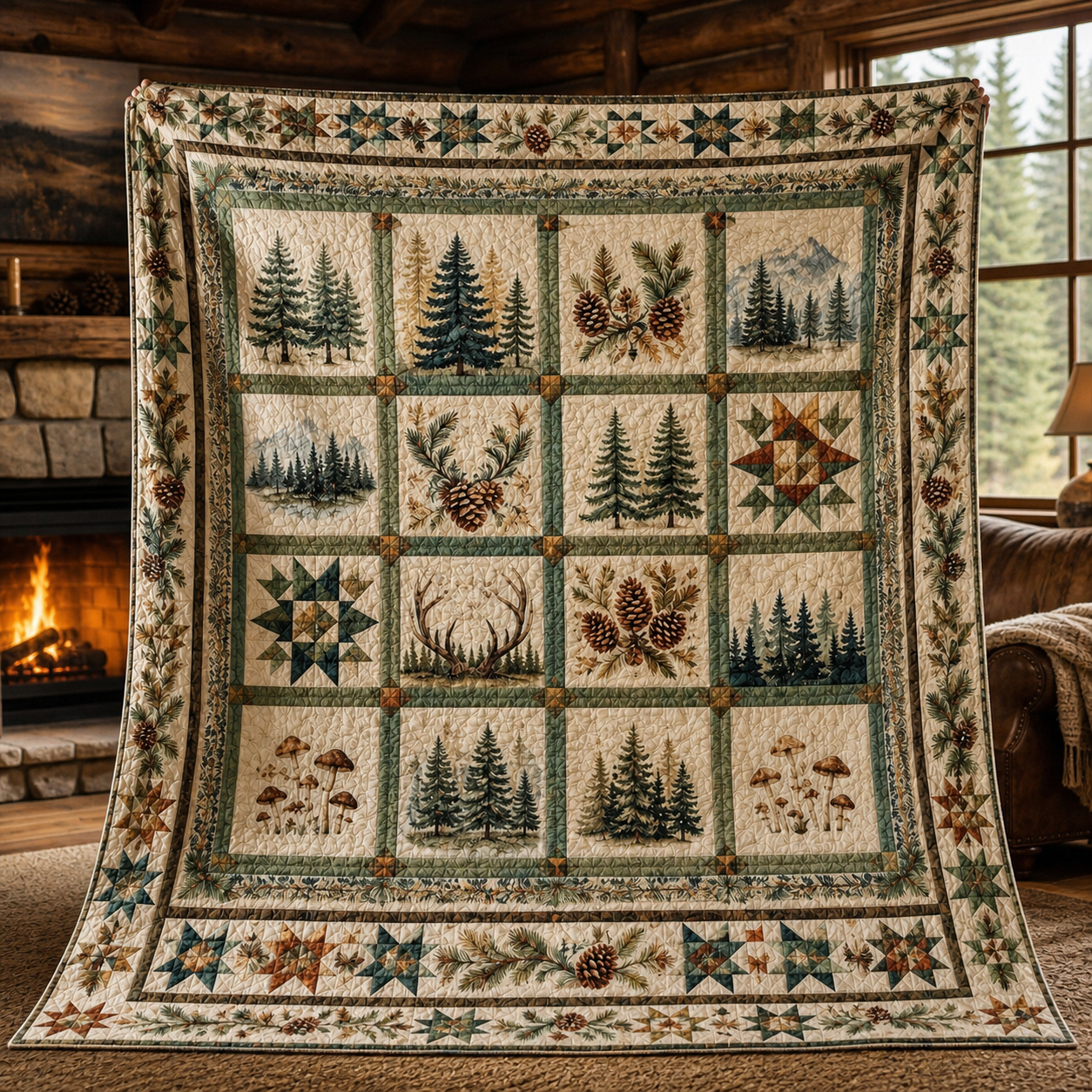 Rustic Forest Quilt Blanket, Pine Tree Cabin Bedding Throw, Lodge Decor