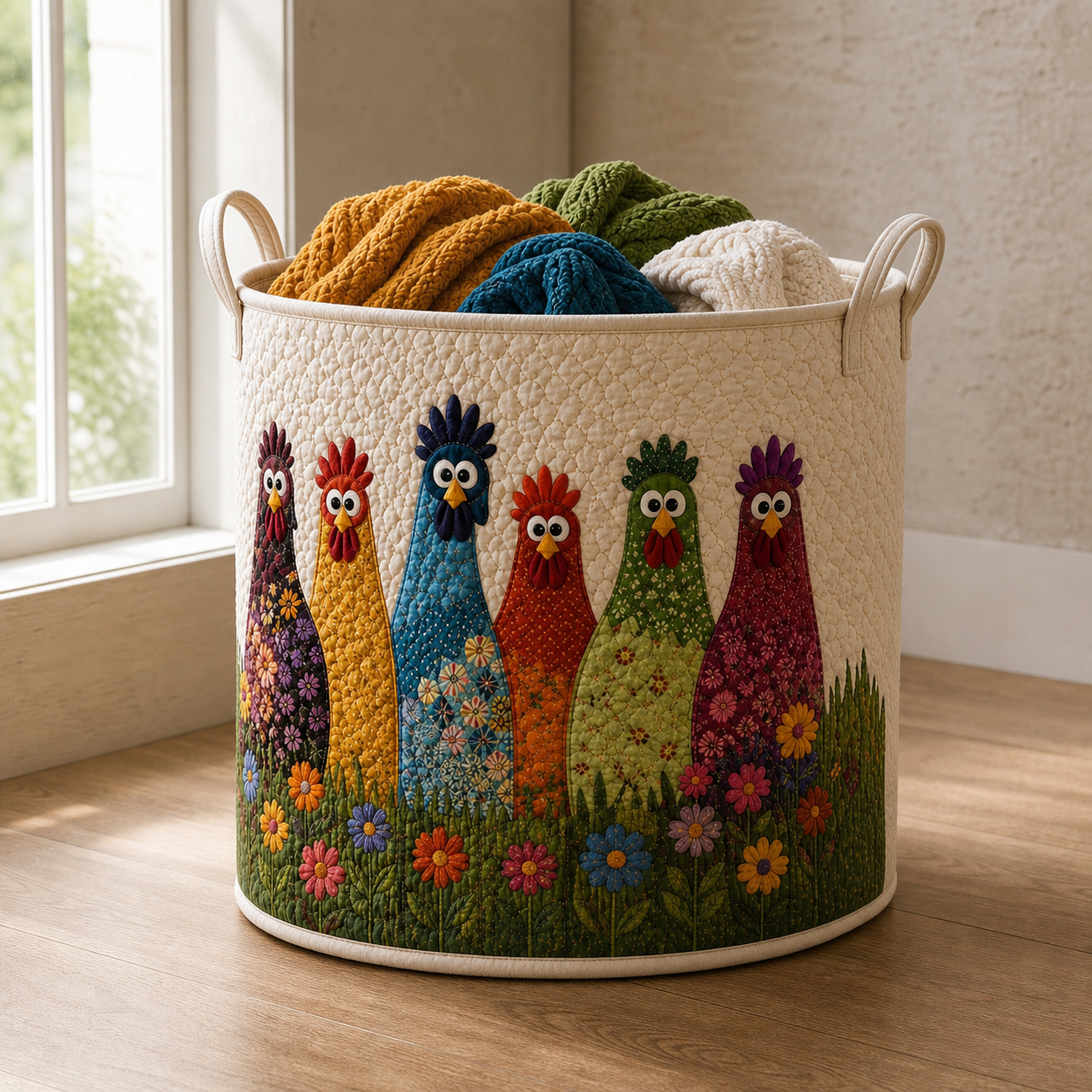 Chicken Quilted Laundry Basket, Colorful Hen Storage Hamper, Farmhouse Chicken Organizer, Floral Rooster Decor, Country Home Gift SRD-4XM58