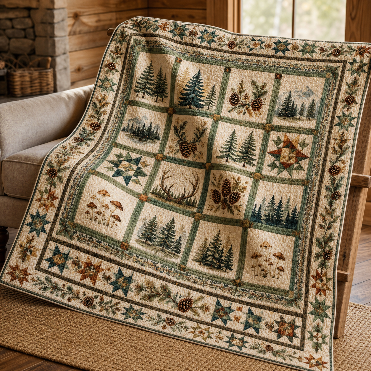 Rustic Forest Quilt Blanket, Pine Tree Cabin Bedding Throw, Lodge Decor