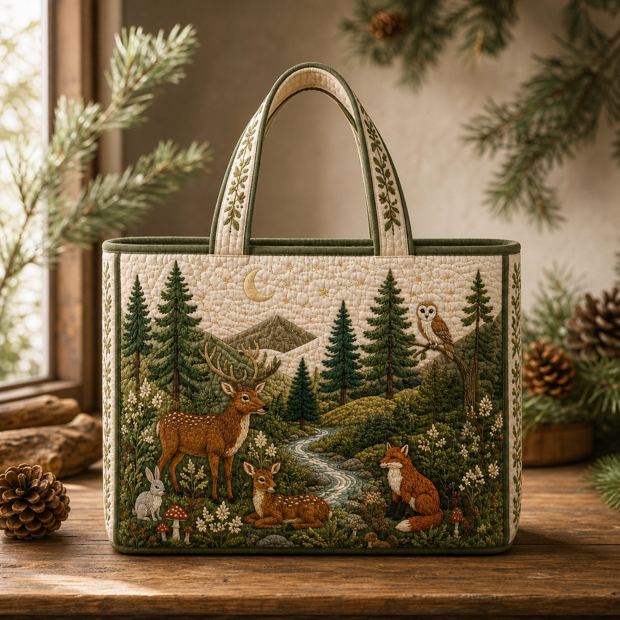 Woodland Forest Quilted Tote Bag, Nature Inspired Tote, Forest Animals Bag, Cottagecore Shoulder Purse SRD-BXM23