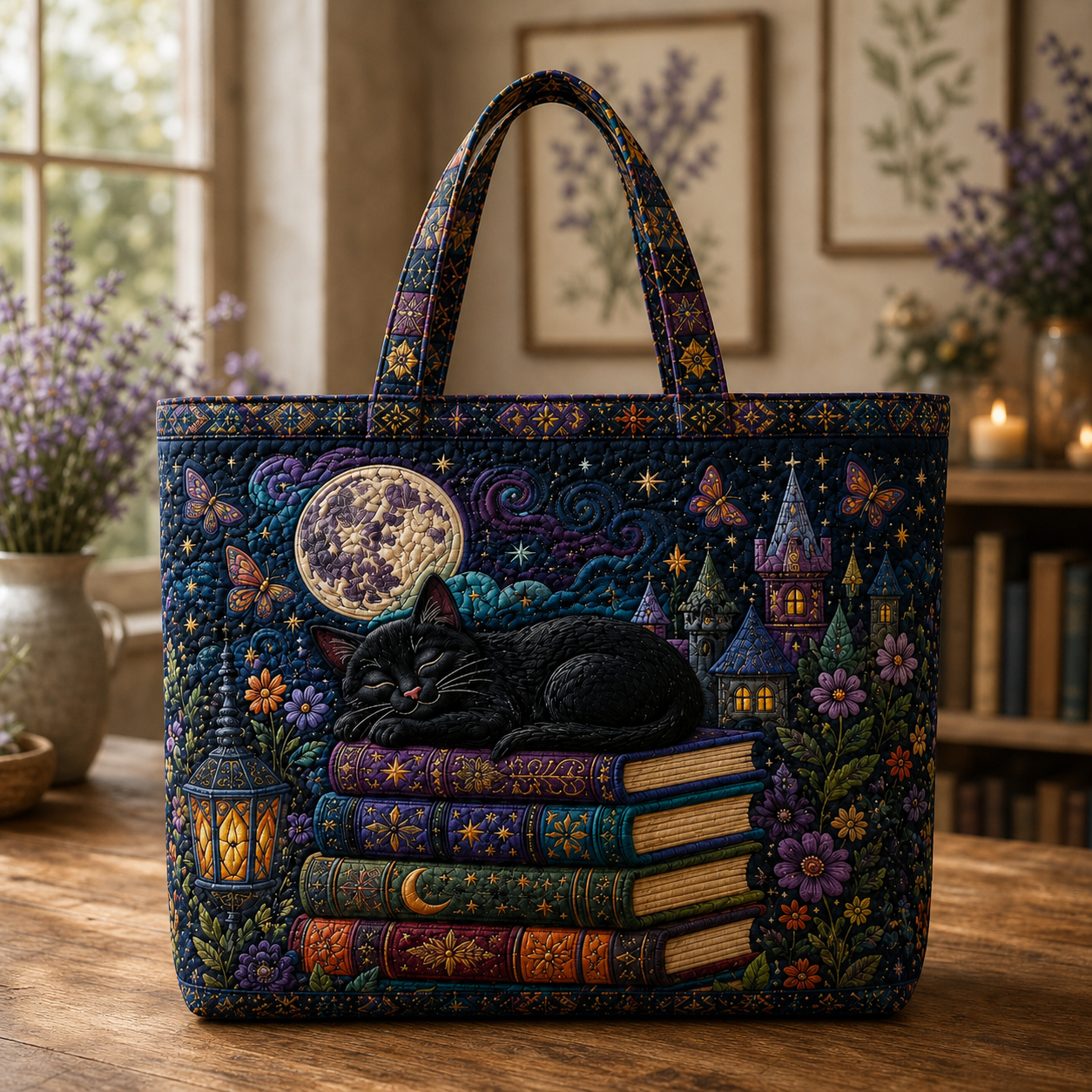 Black Cat Book Lover Quilted Tote, Bookish Cat Mom Gift, Library Bag