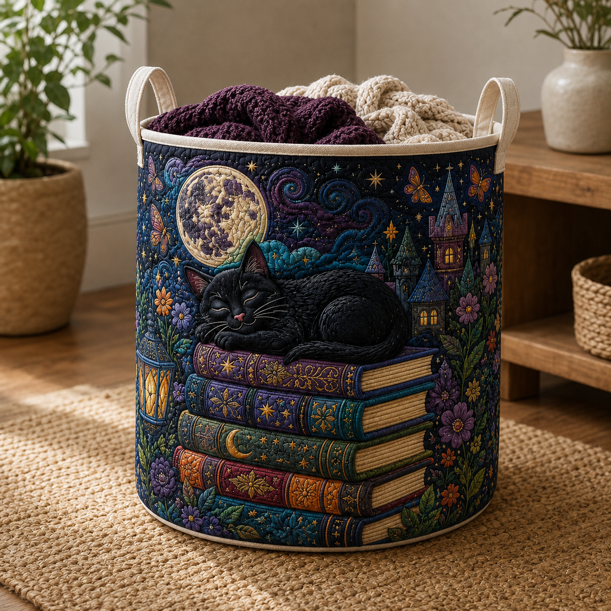Black Cat Dark Academia Hamper Gothic Decor Quilted Laundry Basket