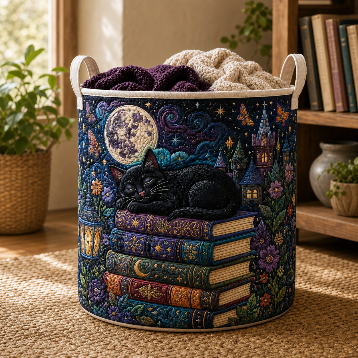 Black Cat Dark Academia Hamper Gothic Decor Quilted Laundry Basket
