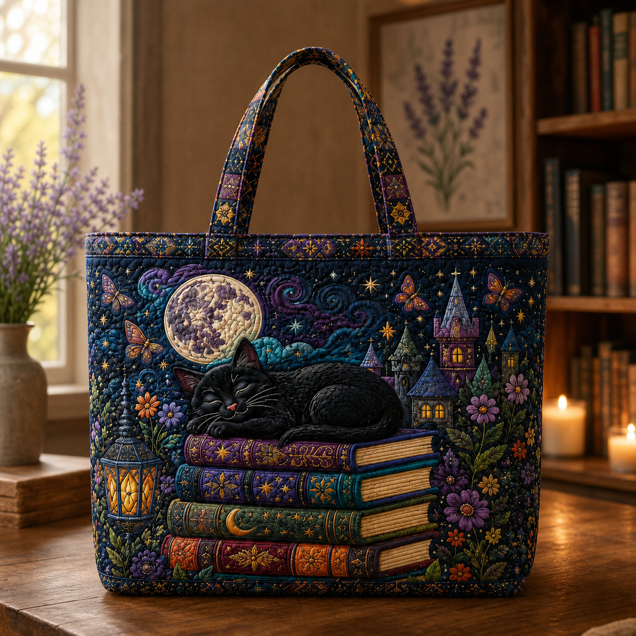 Black Cat Book Lover Quilted Tote, Bookish Cat Mom Gift, Library Bag