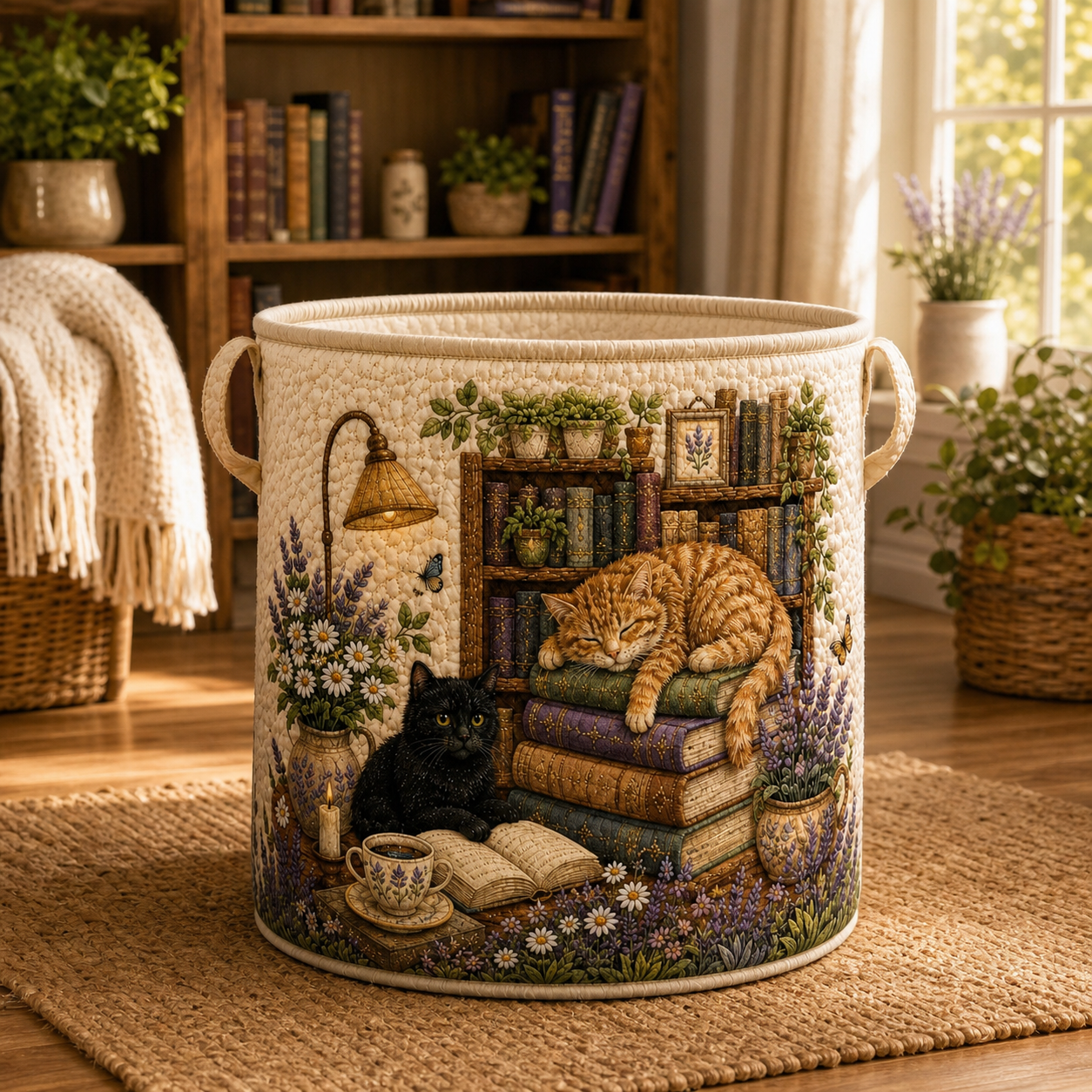 Cat Quilted Laundry Basket, Cottagecore Book Lover, Cat Gift