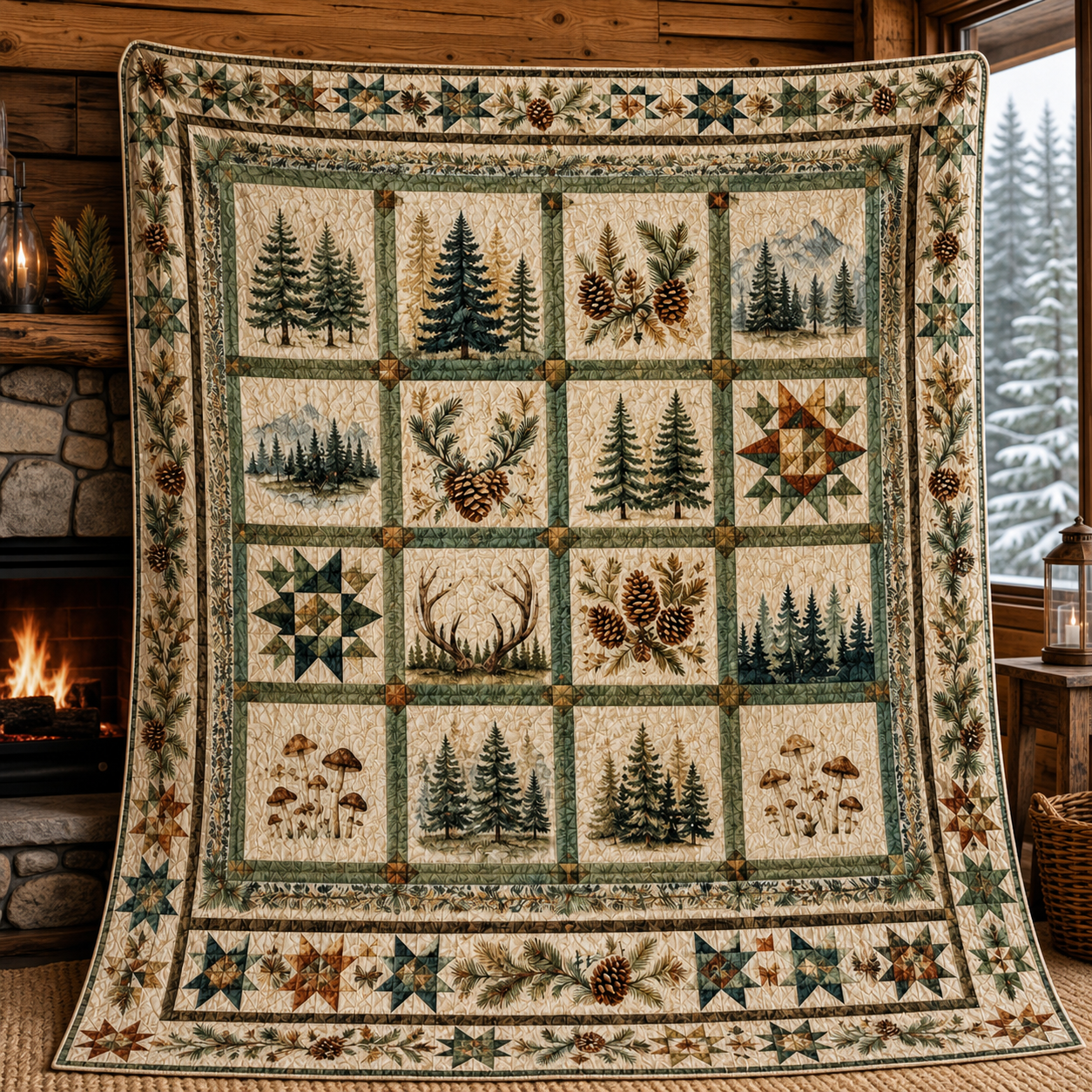 Rustic Forest Quilt Blanket, Pine Tree Cabin Bedding Throw, Lodge Decor