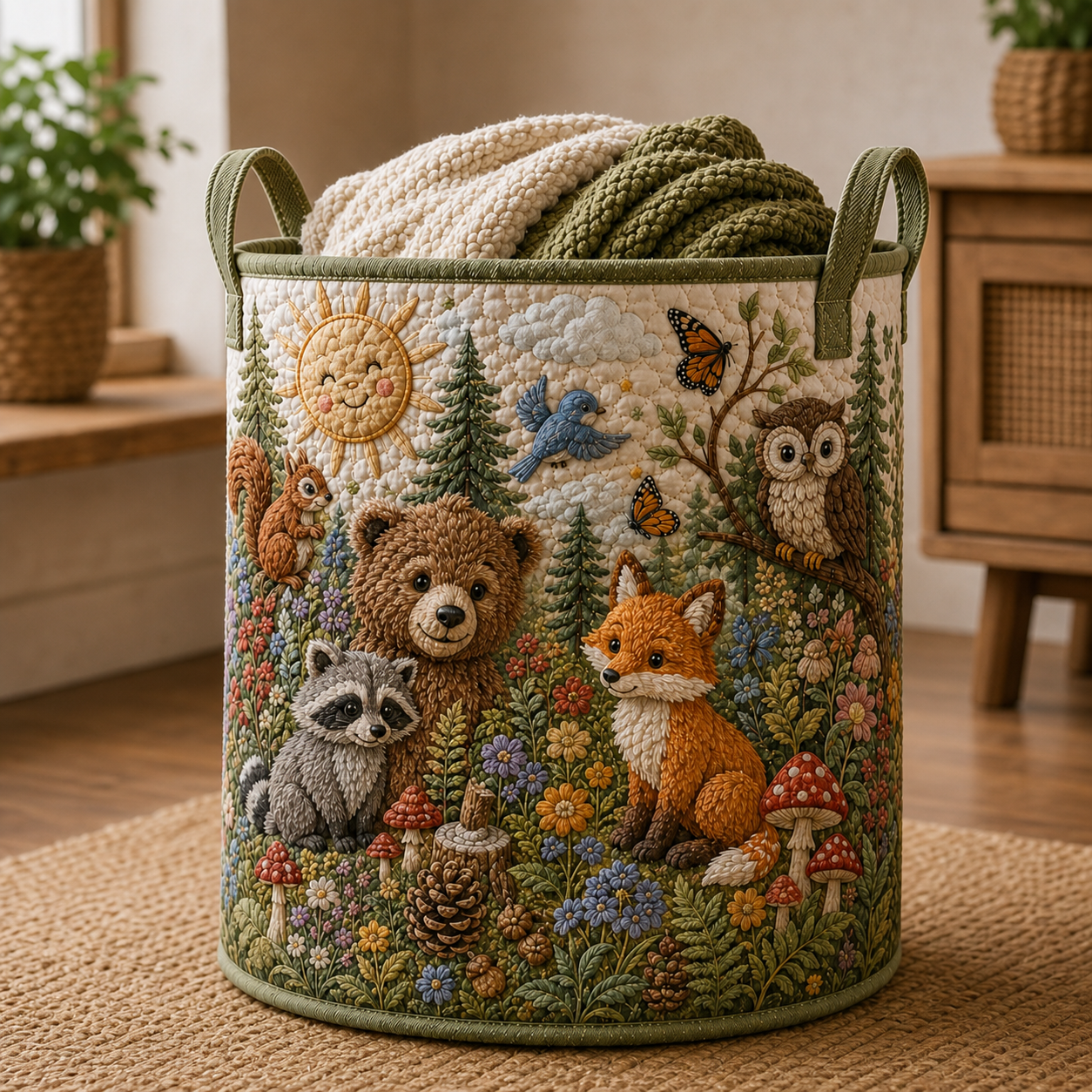 Woodland Animals Quilted Laundry Basket, Forest Nursery Hamper