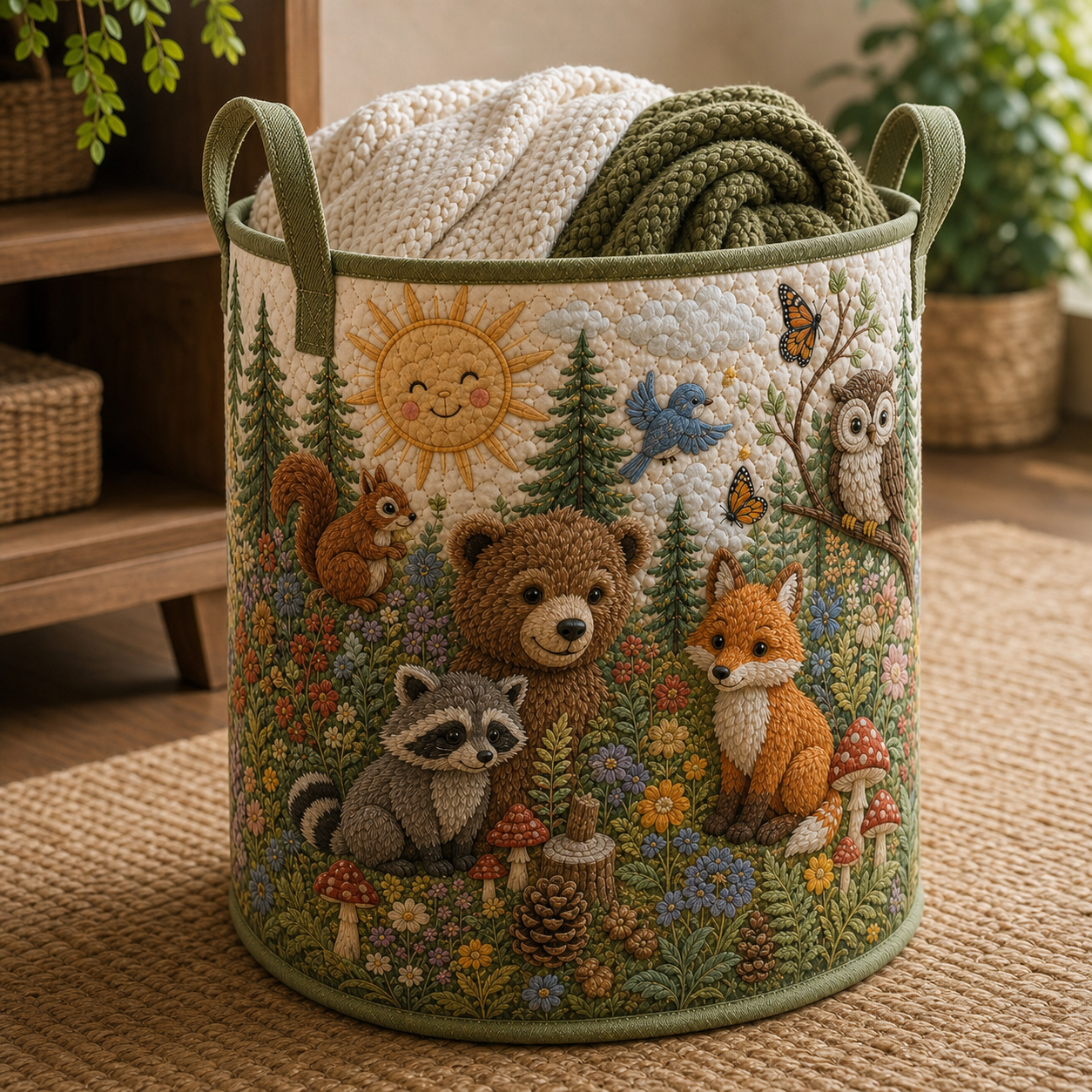 Woodland Animals Quilted Laundry Basket, Forest Nursery Hamper