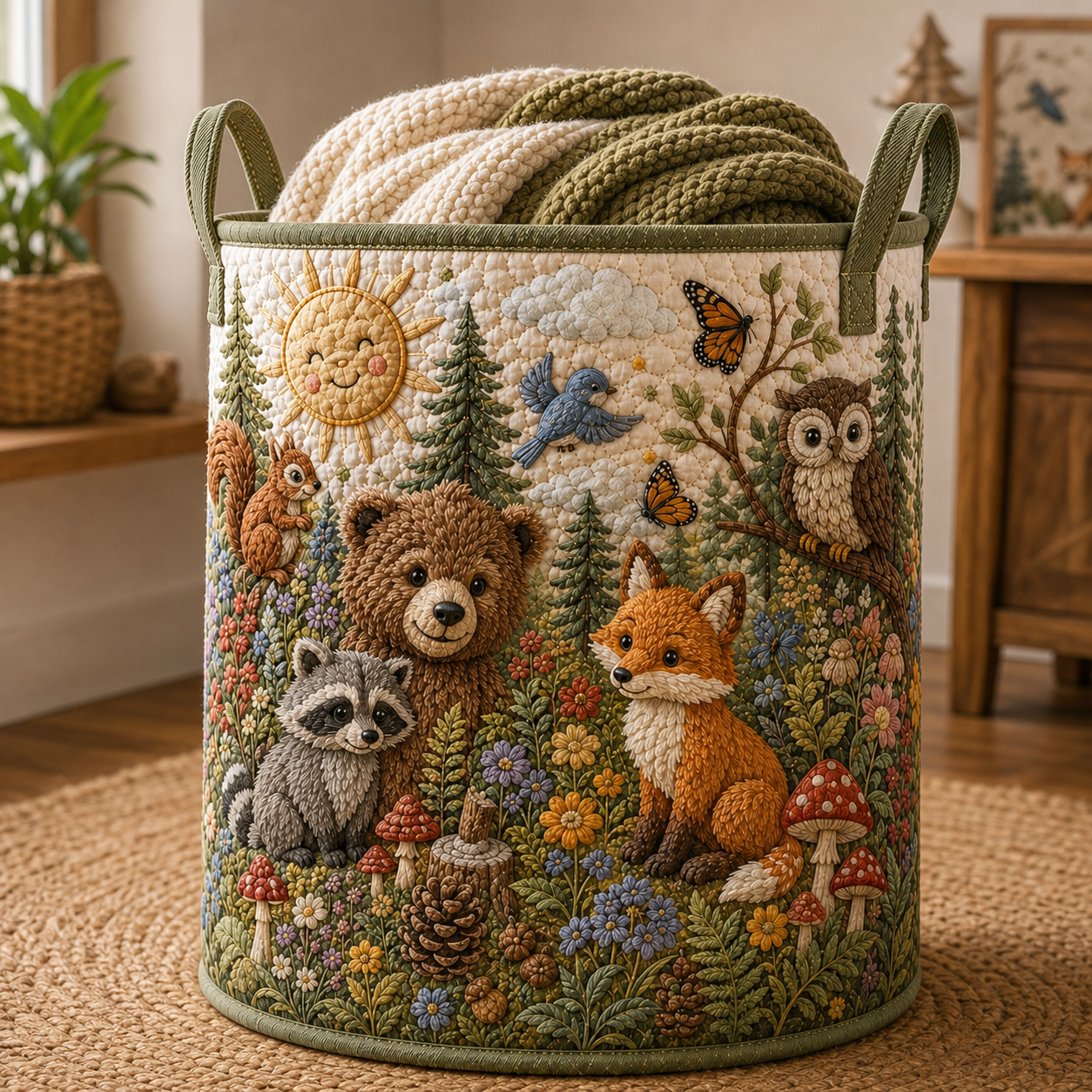 Woodland Animals Quilted Laundry Basket, Forest Nursery Hamper