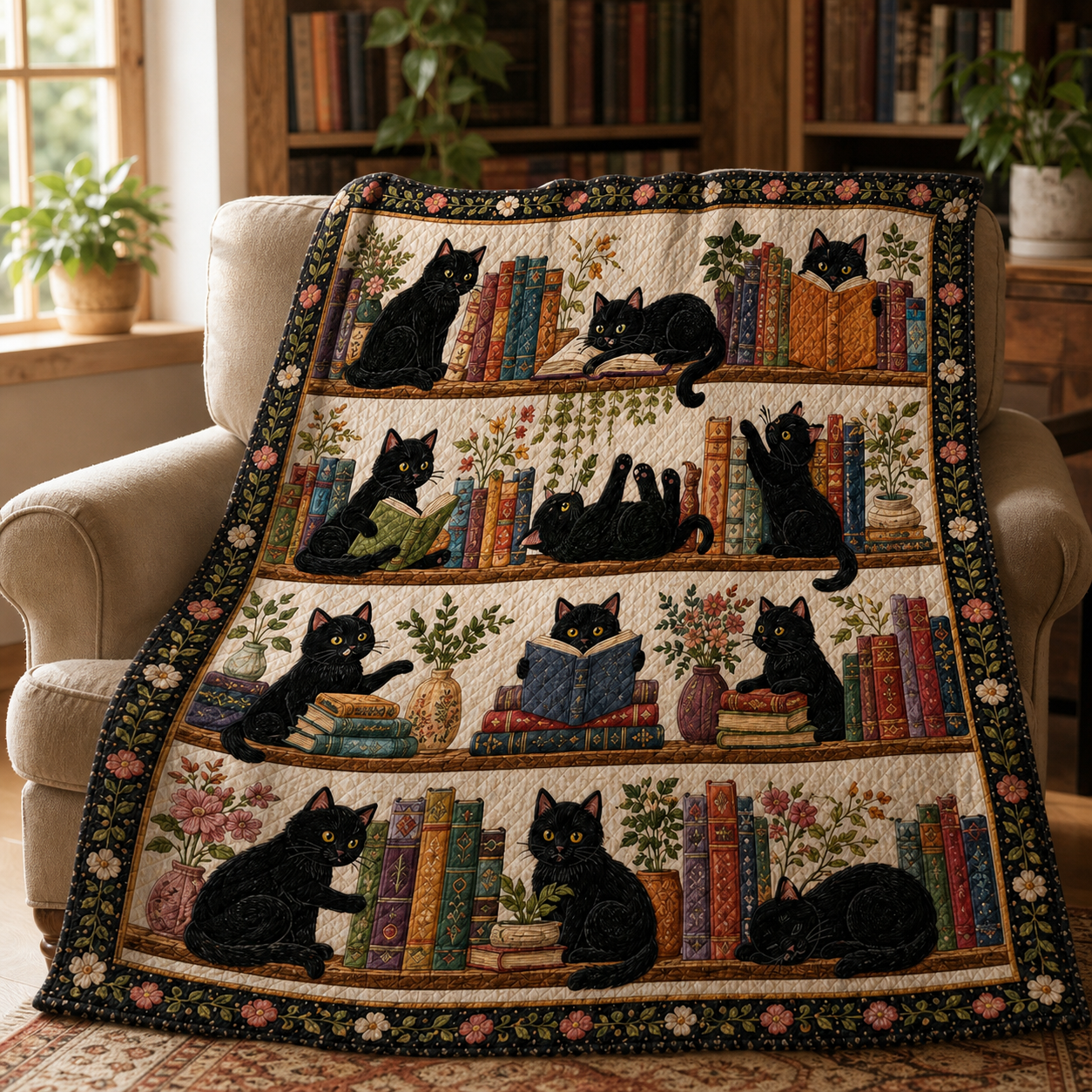 Black Cat Quilt Blanket, Book Lover Throw, Library Decor, Literary Gift