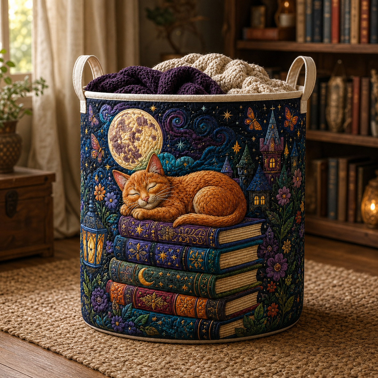 Orange Cat Book Lover Quilted Laundry Basket, Dark Academia Decor