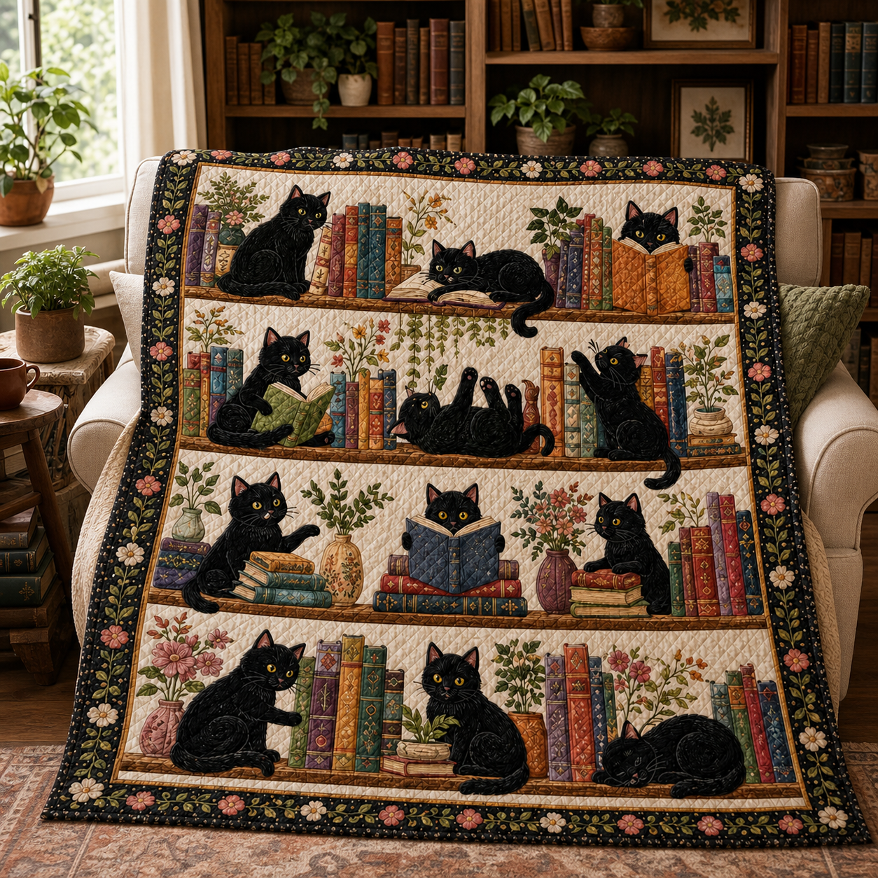 Black Cat Quilt Blanket, Book Lover Throw, Library Decor, Literary Gift