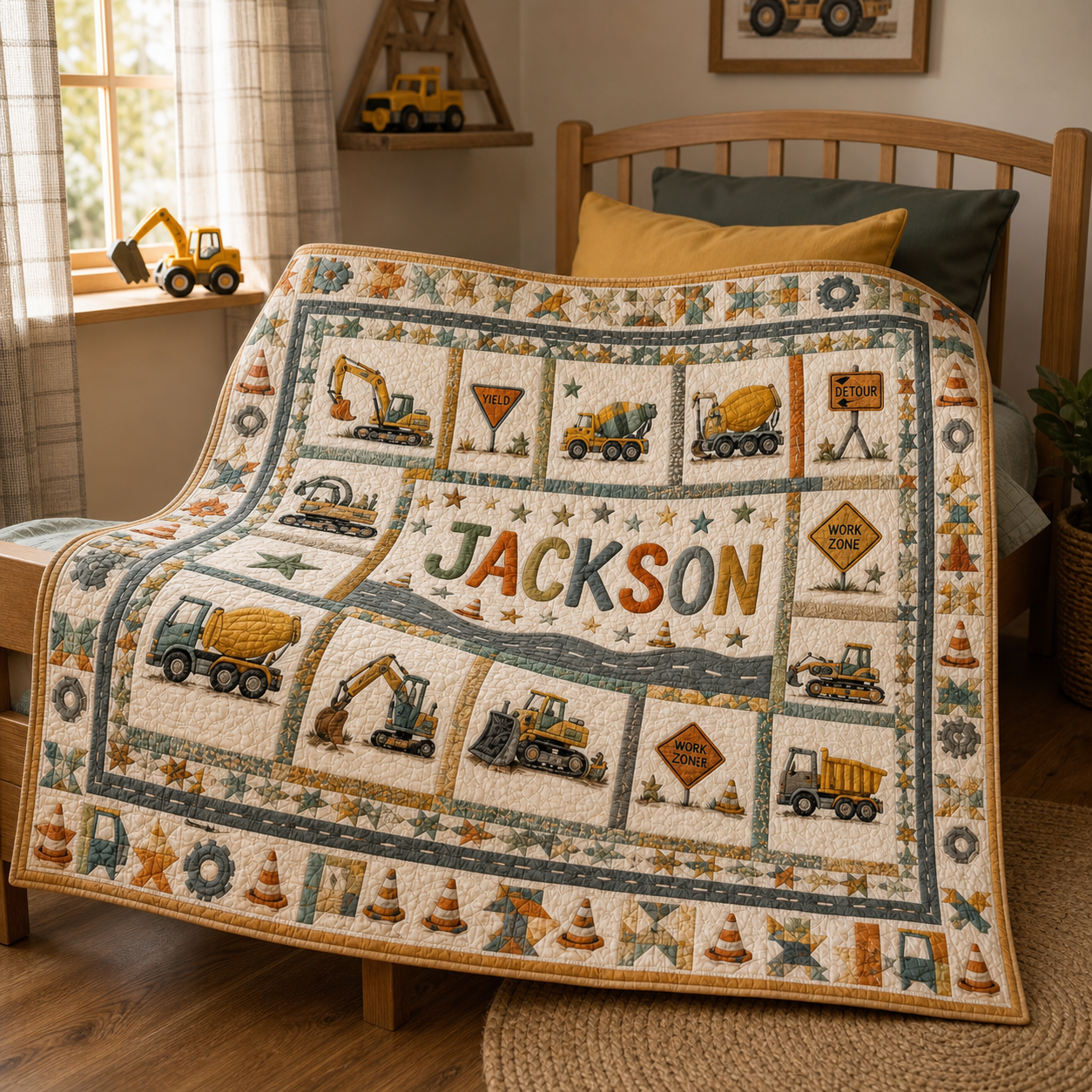 Personalized Construction Quilt, Custom Name Kids Bedding, Boy Gift