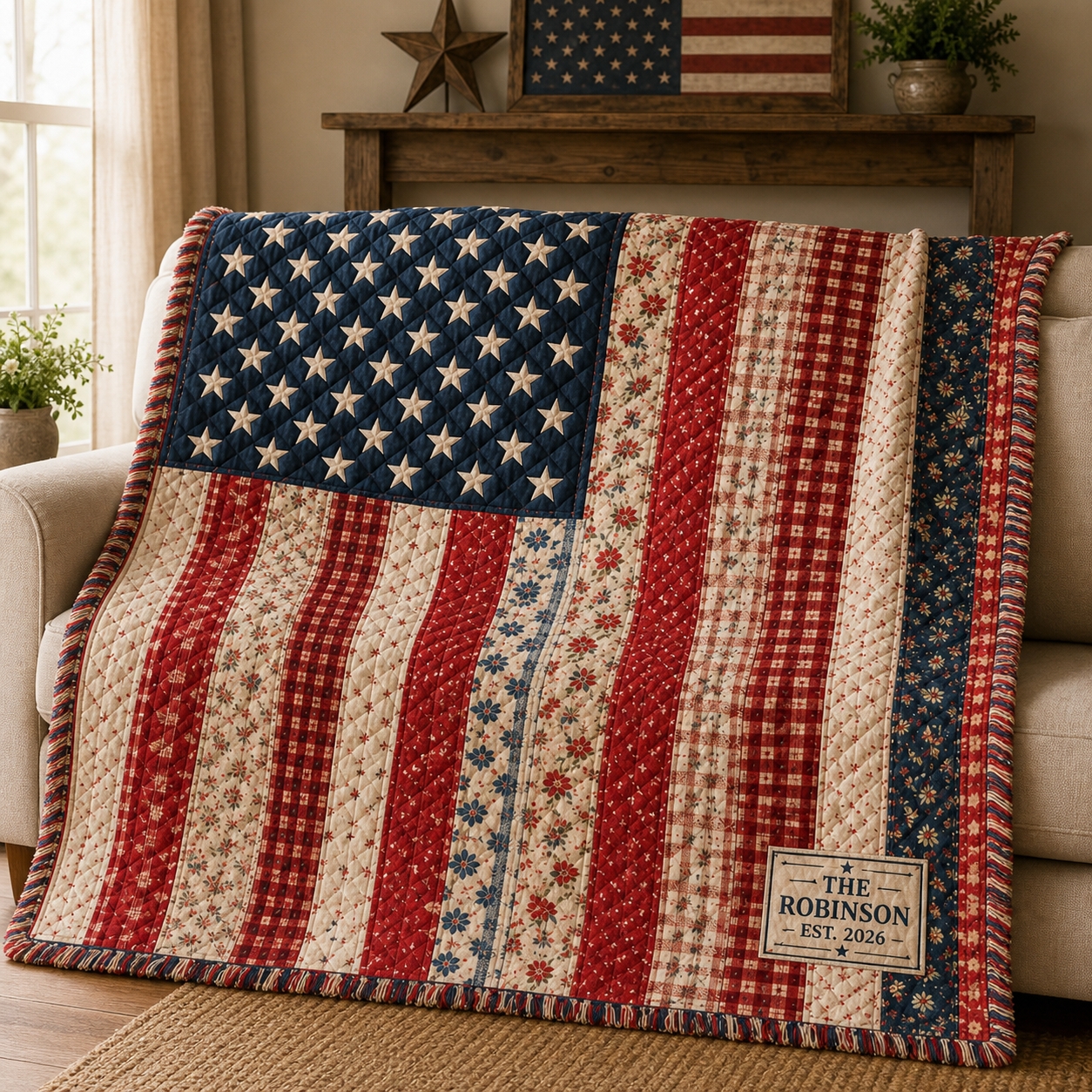 Retro American Flag Quilt, Patriotic Floral Farmhouse Throw, USA