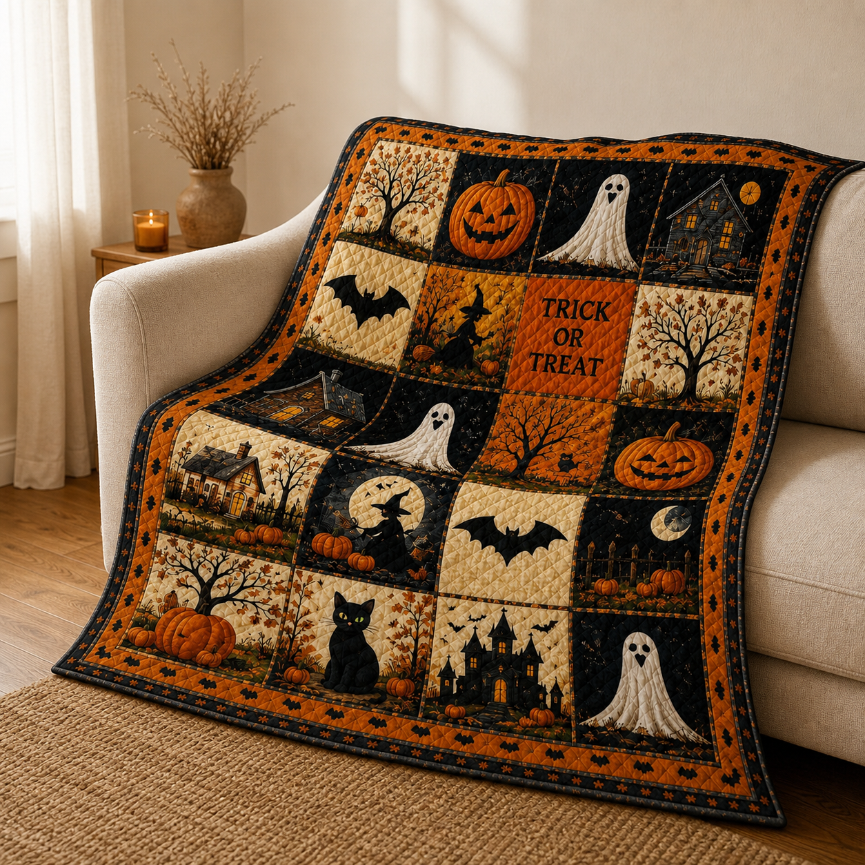 Halloween Pumpkin Ghost Quilted Blanket, Spooky Throw, Witch Gift