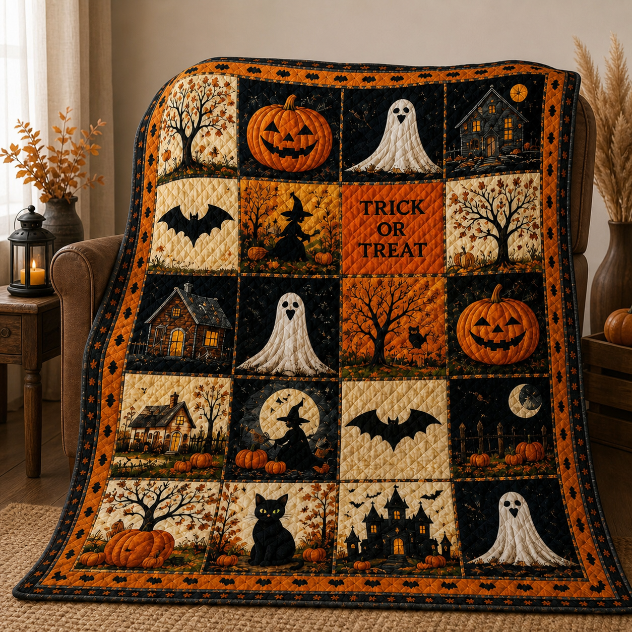Halloween Pumpkin Ghost Quilted Blanket, Spooky Throw, Witch Gift