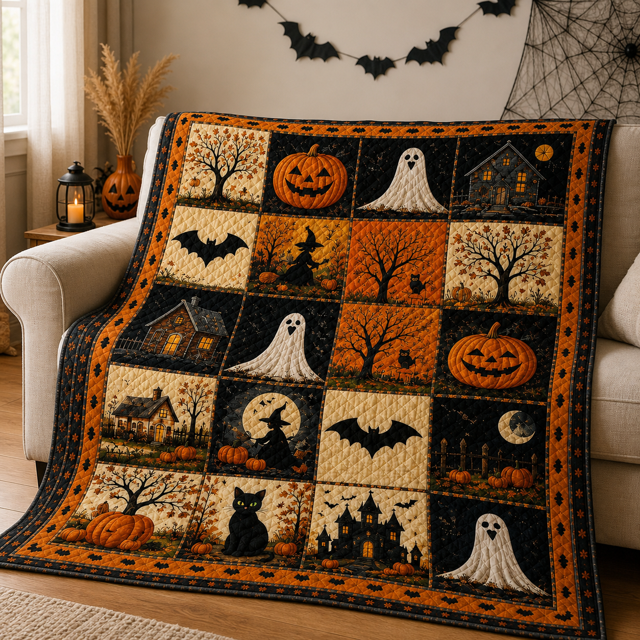 Halloween Pumpkin Ghost Quilted Blanket, Spooky Throw, Witch Gift