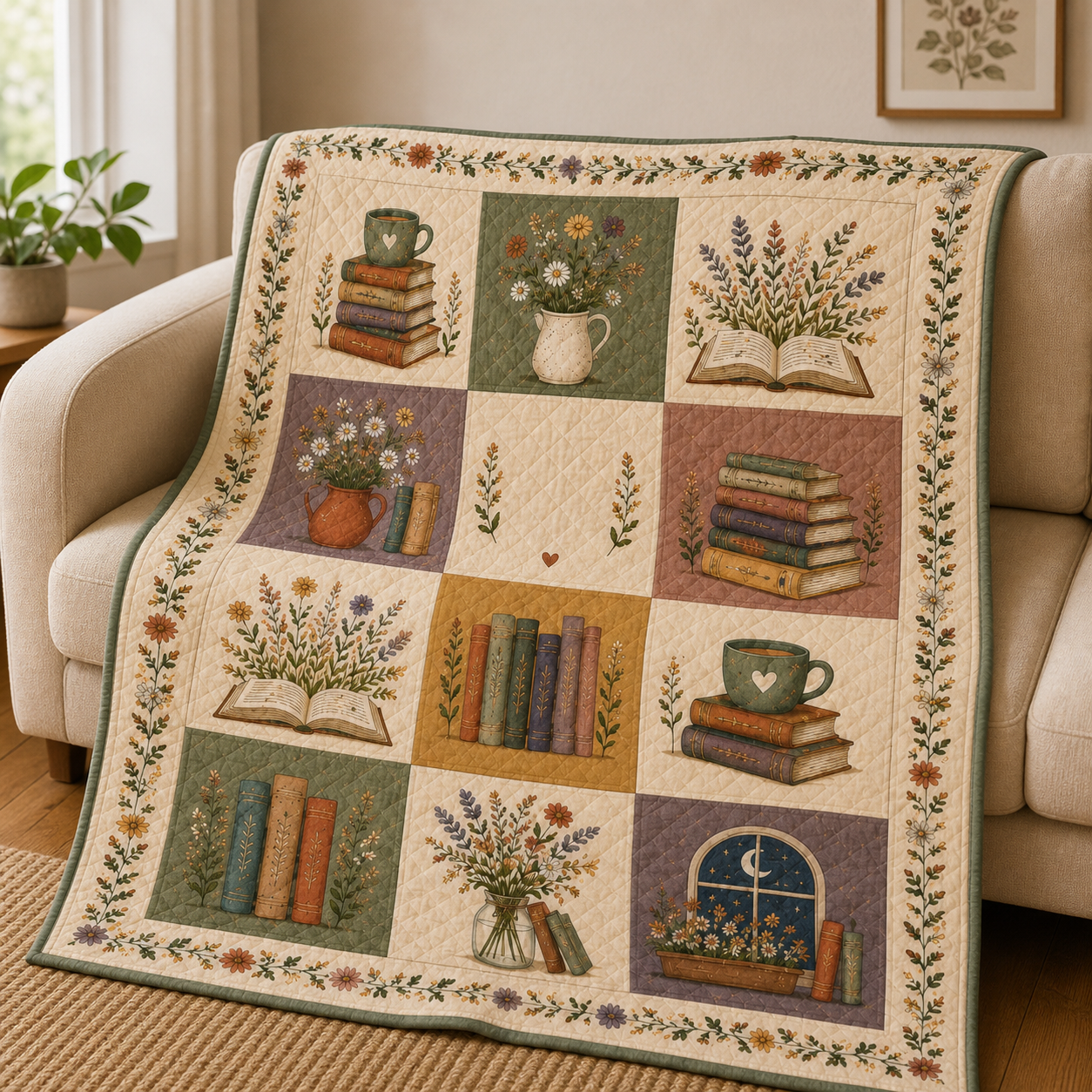 Floral Book Quilt Blanket, Book Lover Throw, Reader Gift for Her
