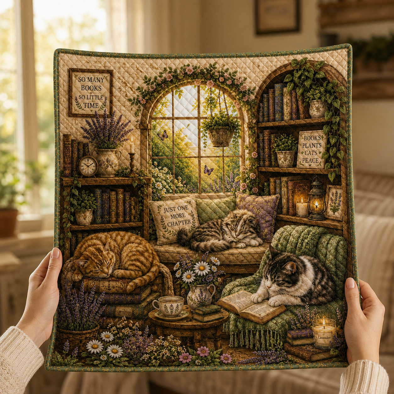 Cat Lover Quilted Blanket, Cottagecore Throw, Book Lover Gift