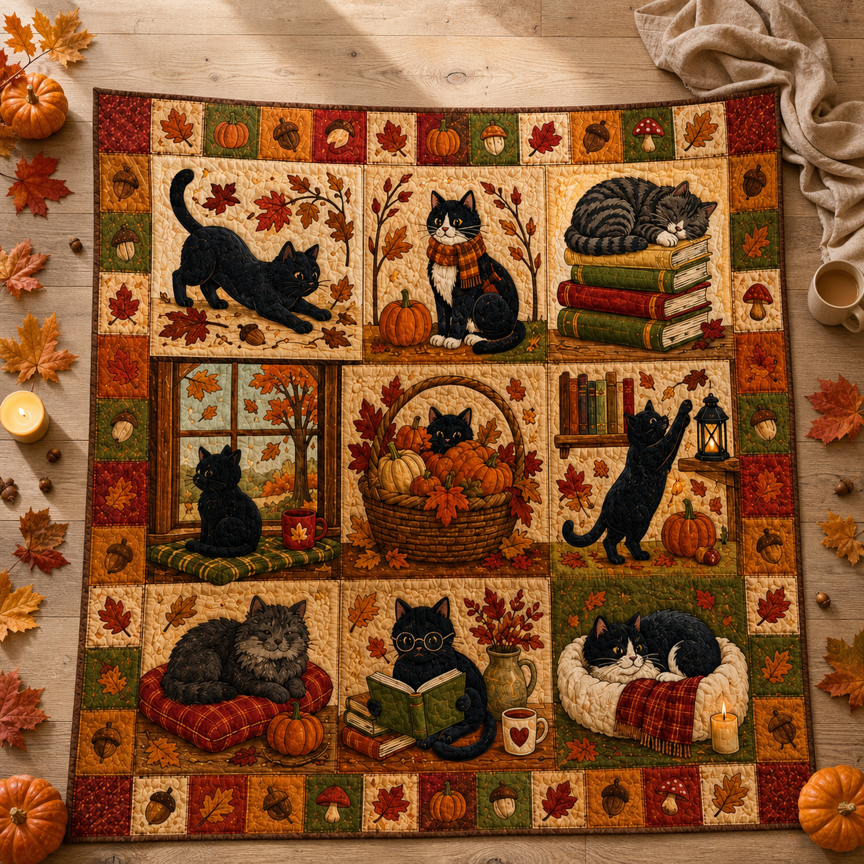 Black Cat Book Quilt Blanket, Fall Cozy Throw, Reader Gift, Halloween