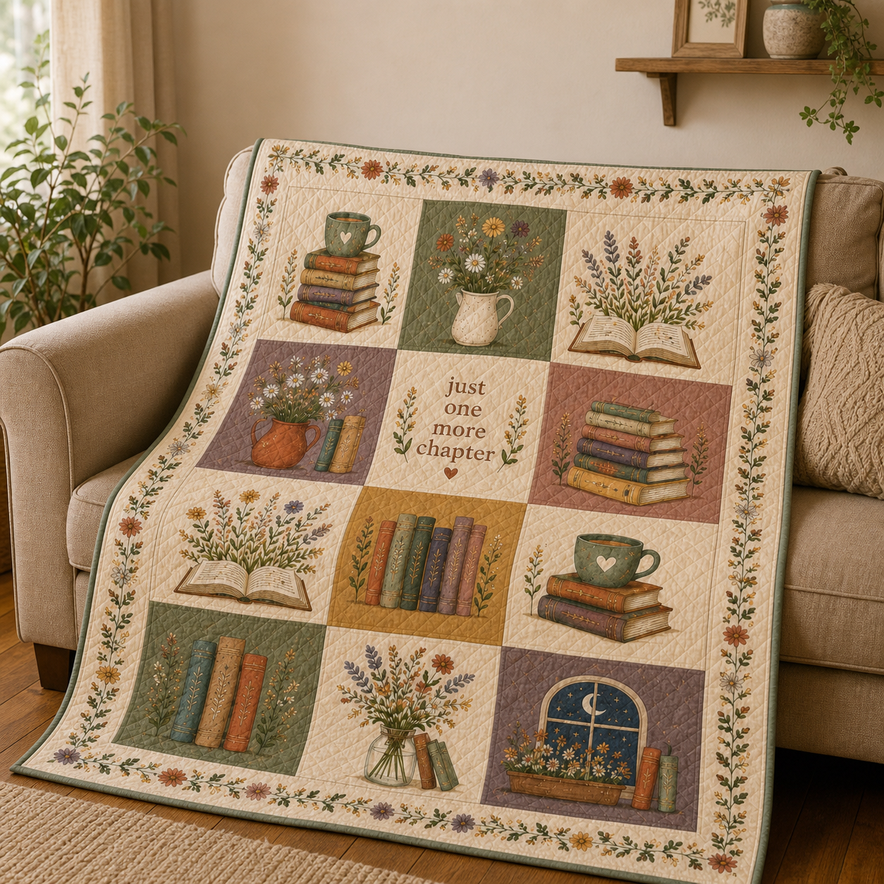 Floral Book Quilt Blanket, Book Lover Throw, Reader Gift for Her