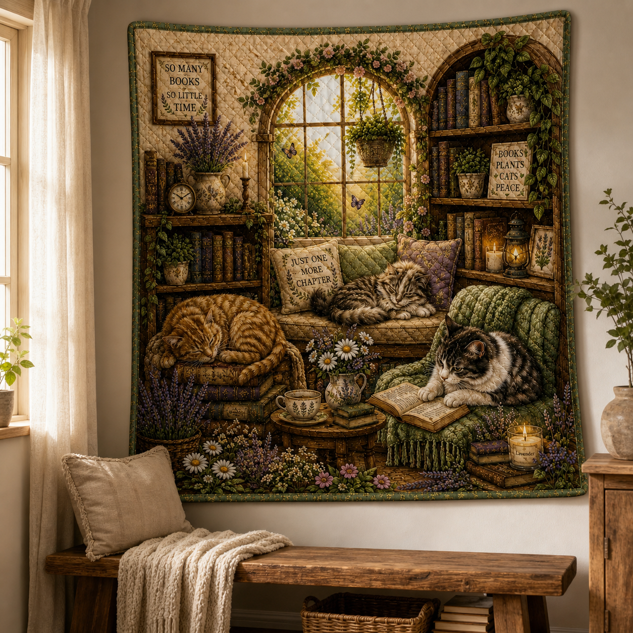 Cat Lover Quilted Blanket, Cottagecore Throw, Book Lover Gift