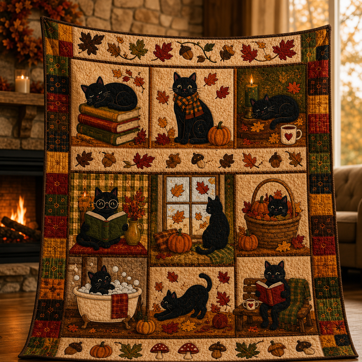 Black Cat Reading Book Quilt, Fall Halloween Throw, Cat Lover Gift