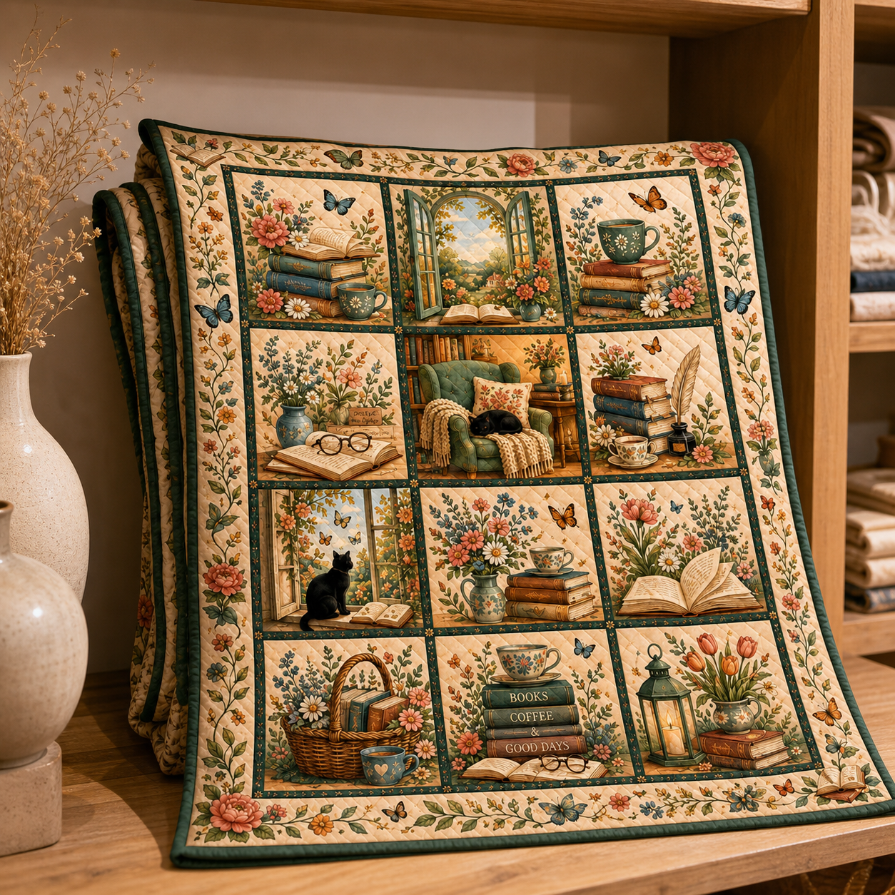 Cottagecore Bookish Floral Quilt Blanket, Cozy Reader Throw, Vintage Library Lover Home Decor URD-OZ207