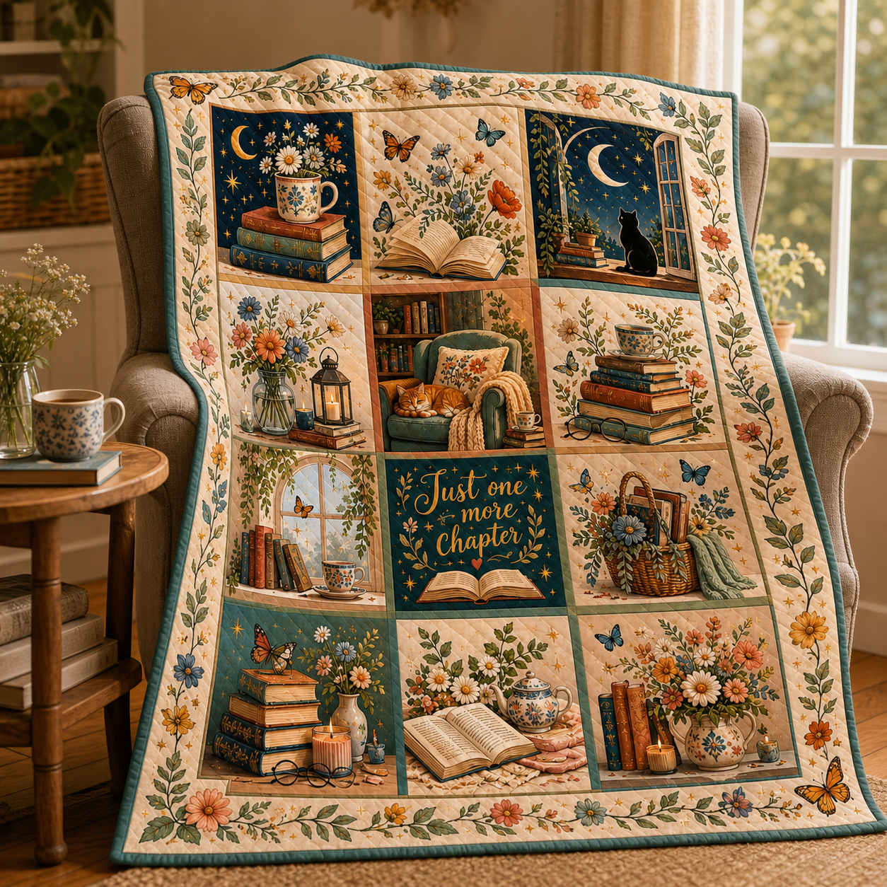 Cottagecore Bookish Floral Quilt, Cozy Reader Throw, Gift for Her