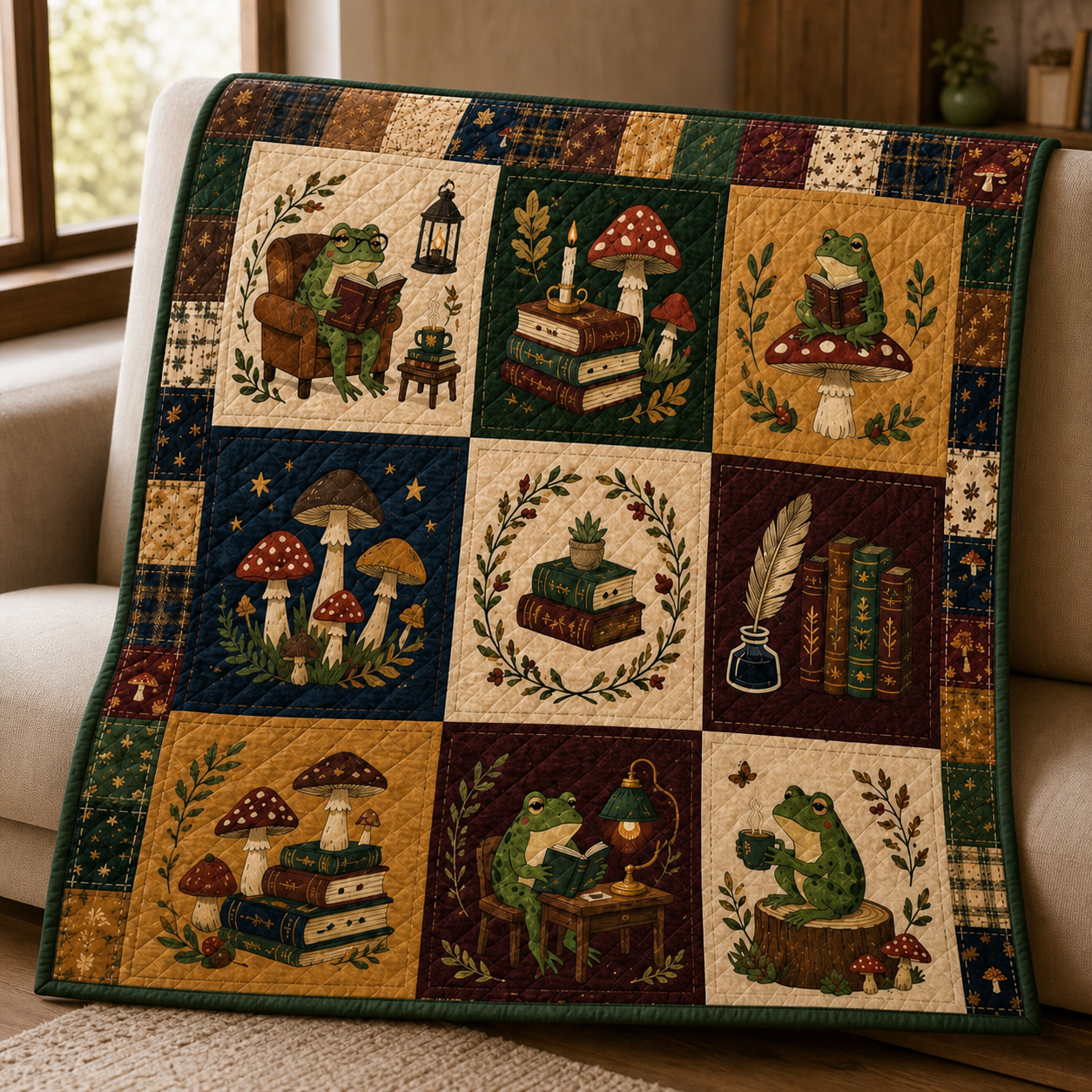 Frog Reading Book Quilt, Cottagecore Throw, Book Lover Gift for Her