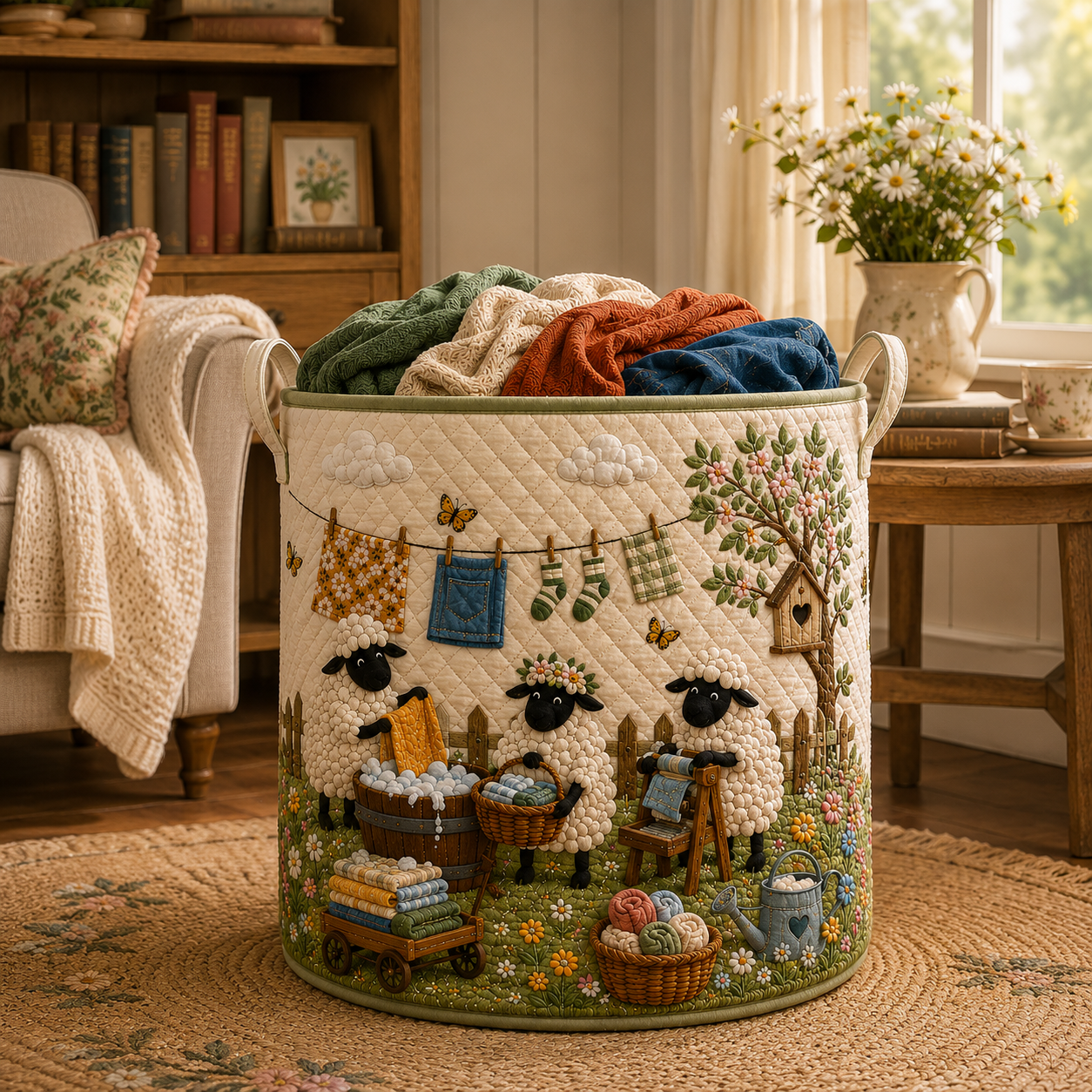 Sheep Quilted Laundry Basket, Farmhouse Cottagecore, Lamb Gift