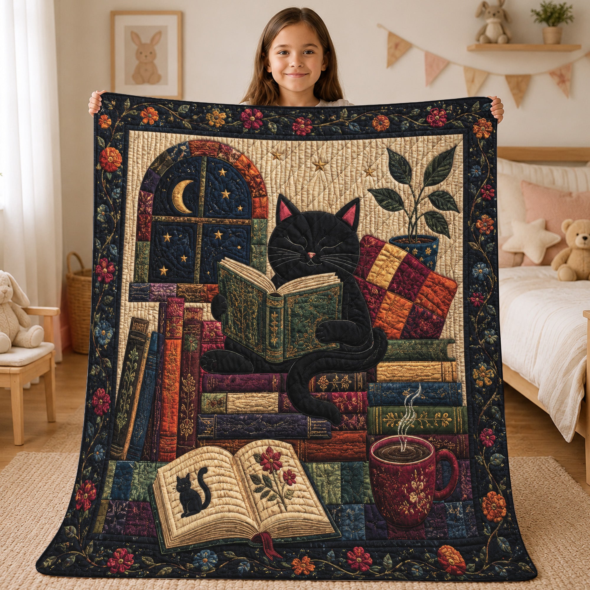 Black Cat Reading Quilted Blanket, Floral Patchwork, Book Lover Gift