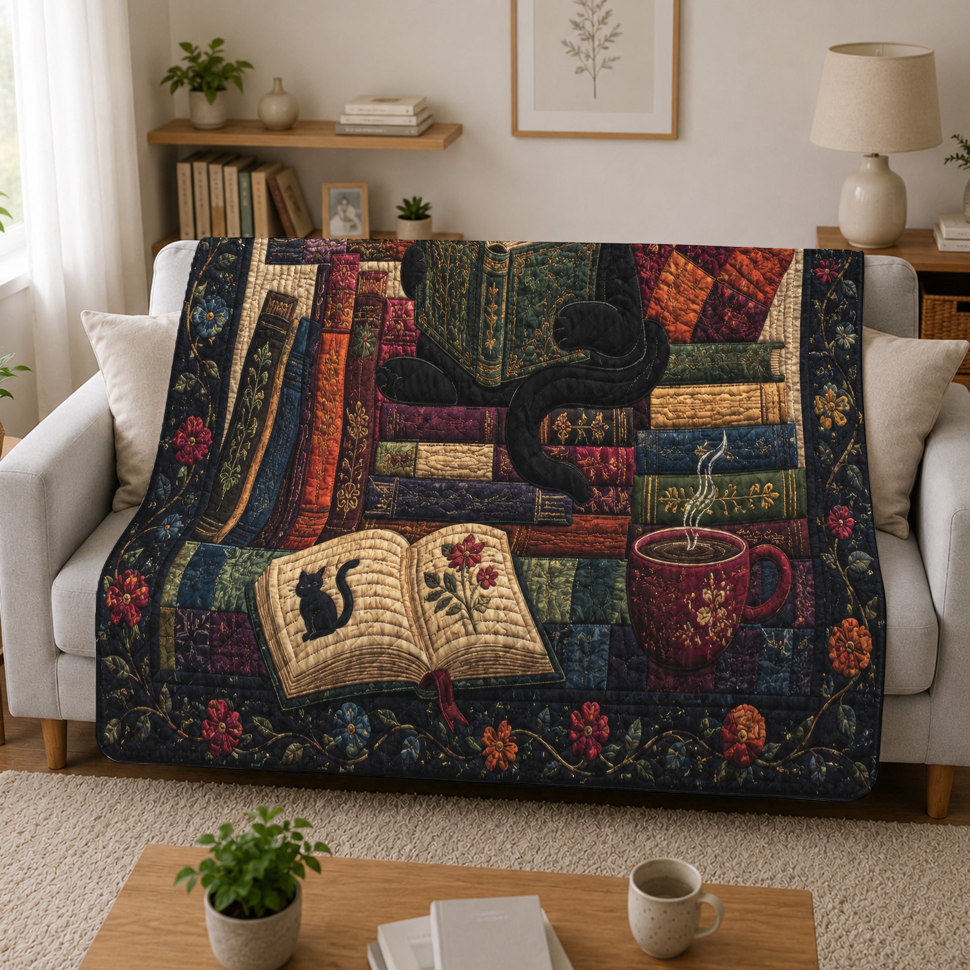 Black Cat Reading Quilted Blanket, Floral Patchwork, Book Lover Gift