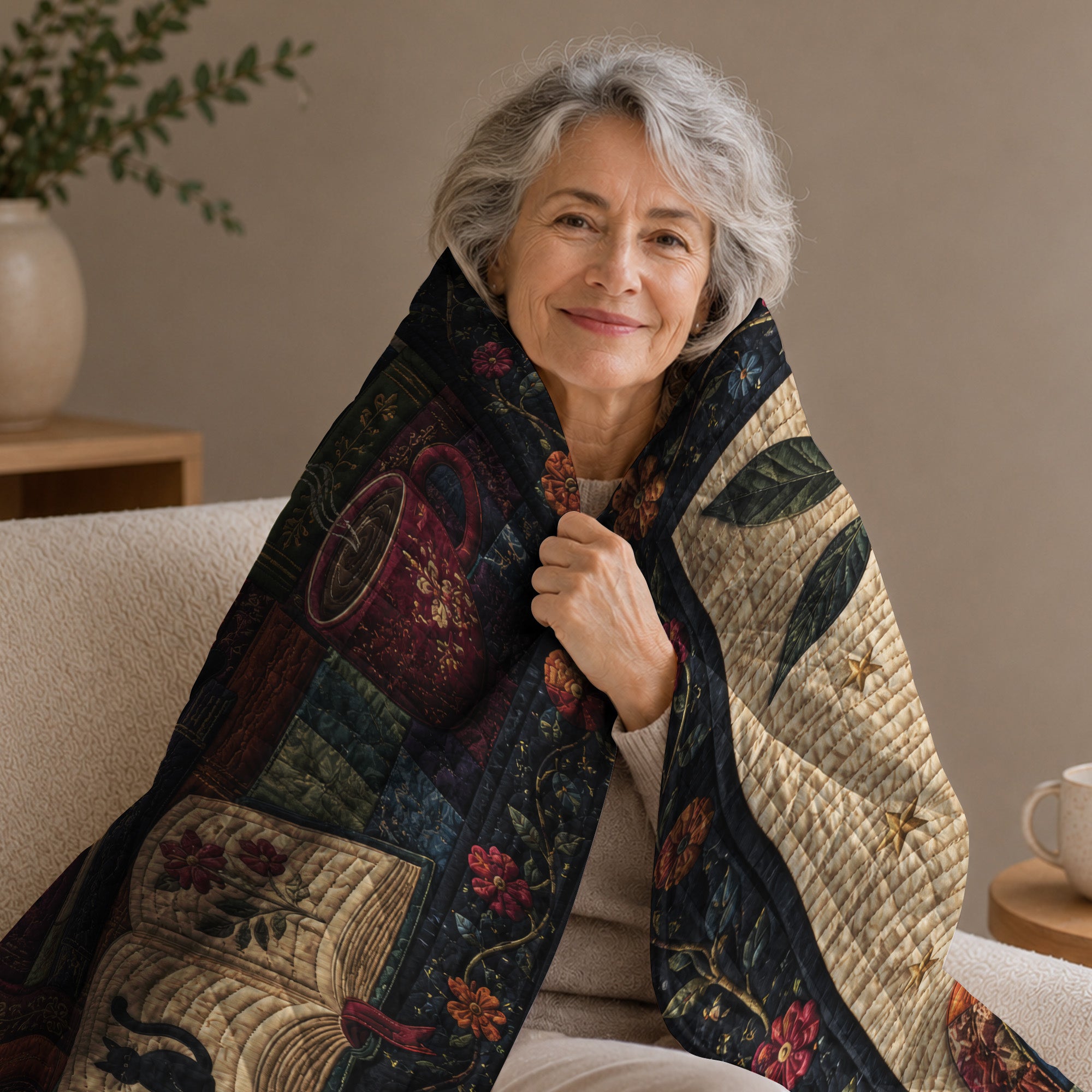 Black Cat Reading Quilted Blanket, Floral Patchwork, Book Lover Gift