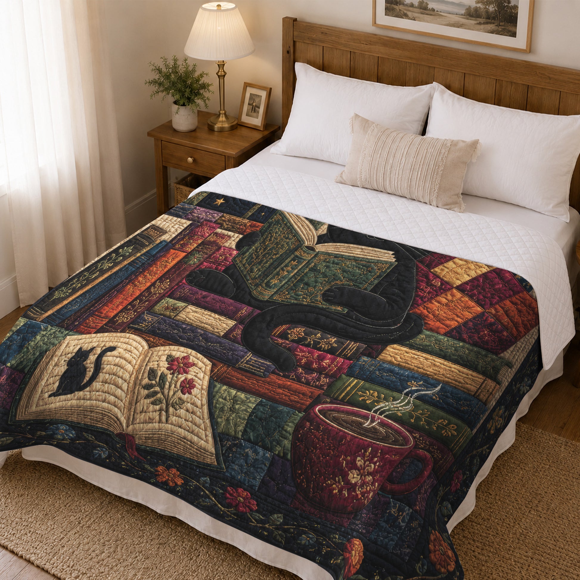 Black Cat Reading Quilted Blanket, Floral Patchwork, Book Lover Gift
