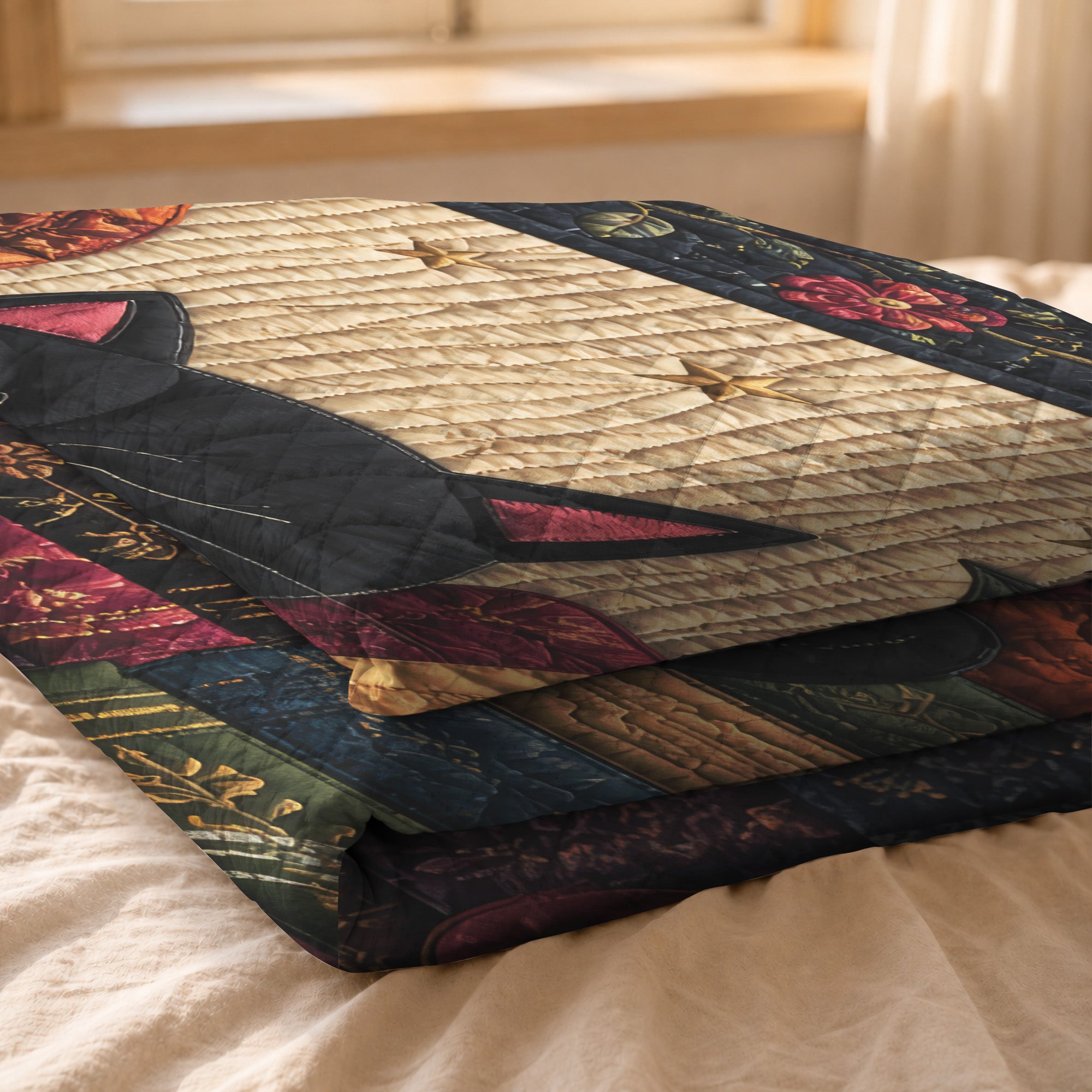 Black Cat Reading Quilted Blanket, Floral Patchwork, Book Lover Gift