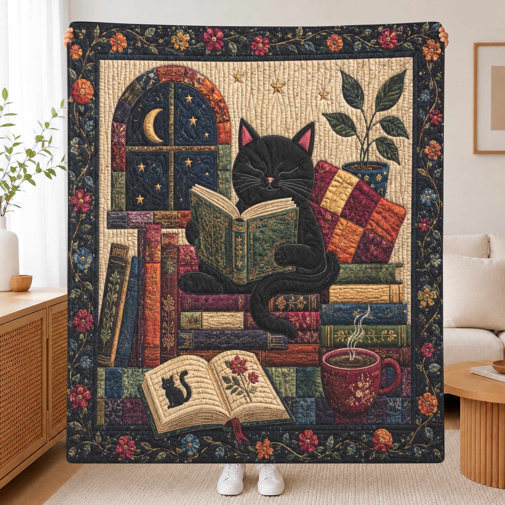 Black Cat Reading Quilted Blanket, Floral Patchwork, Book Lover Gift