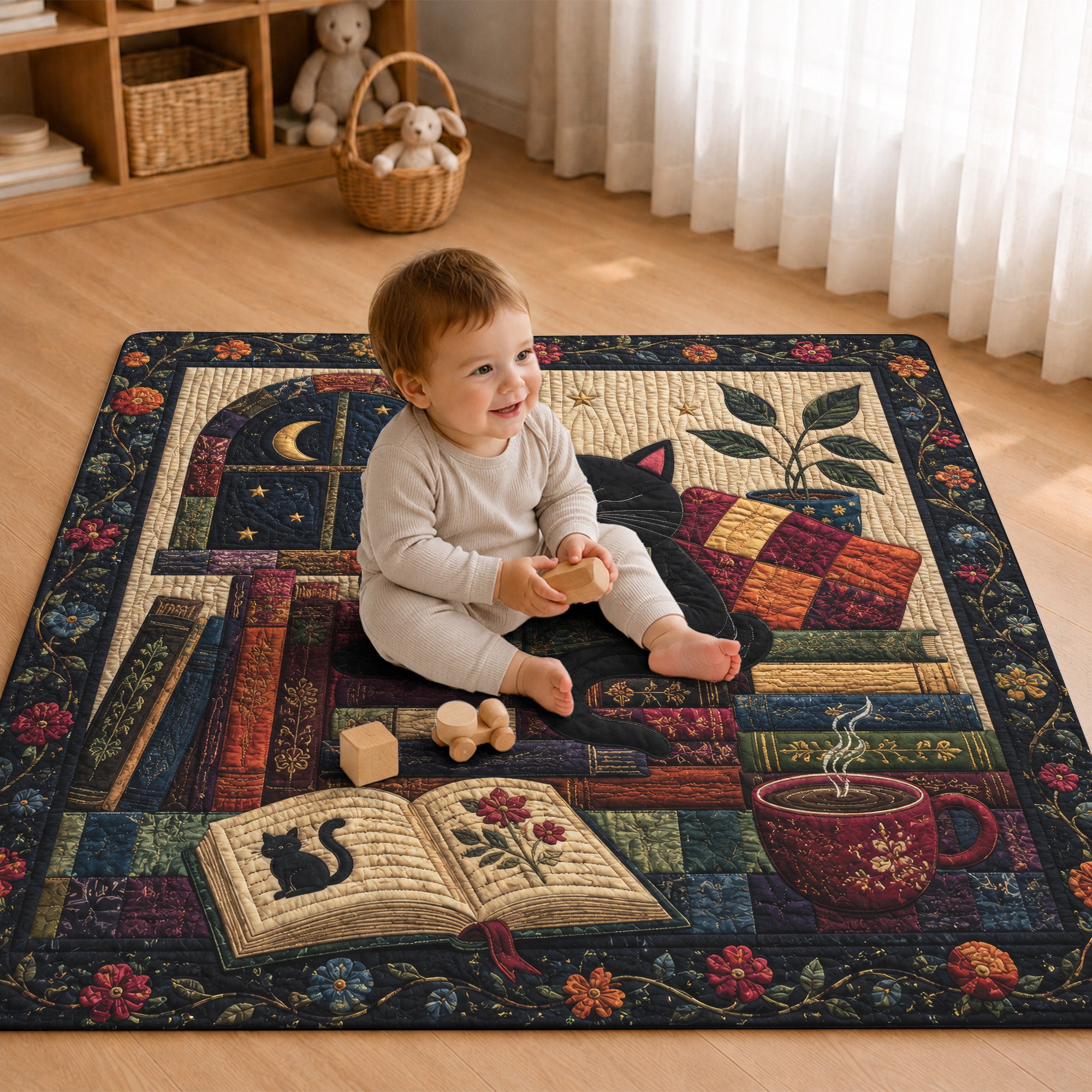 Black Cat Reading Quilted Blanket, Floral Patchwork, Book Lover Gift