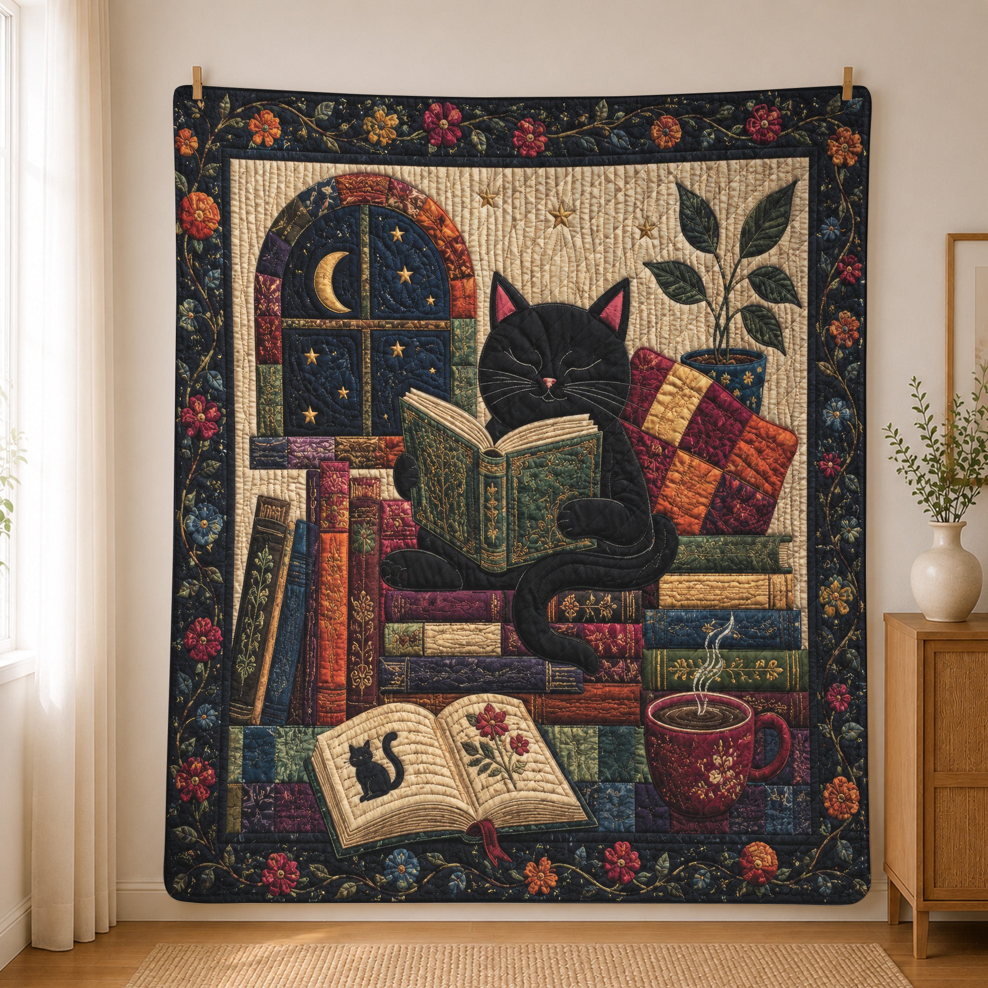 Black Cat Reading Quilted Blanket, Floral Patchwork, Book Lover Gift