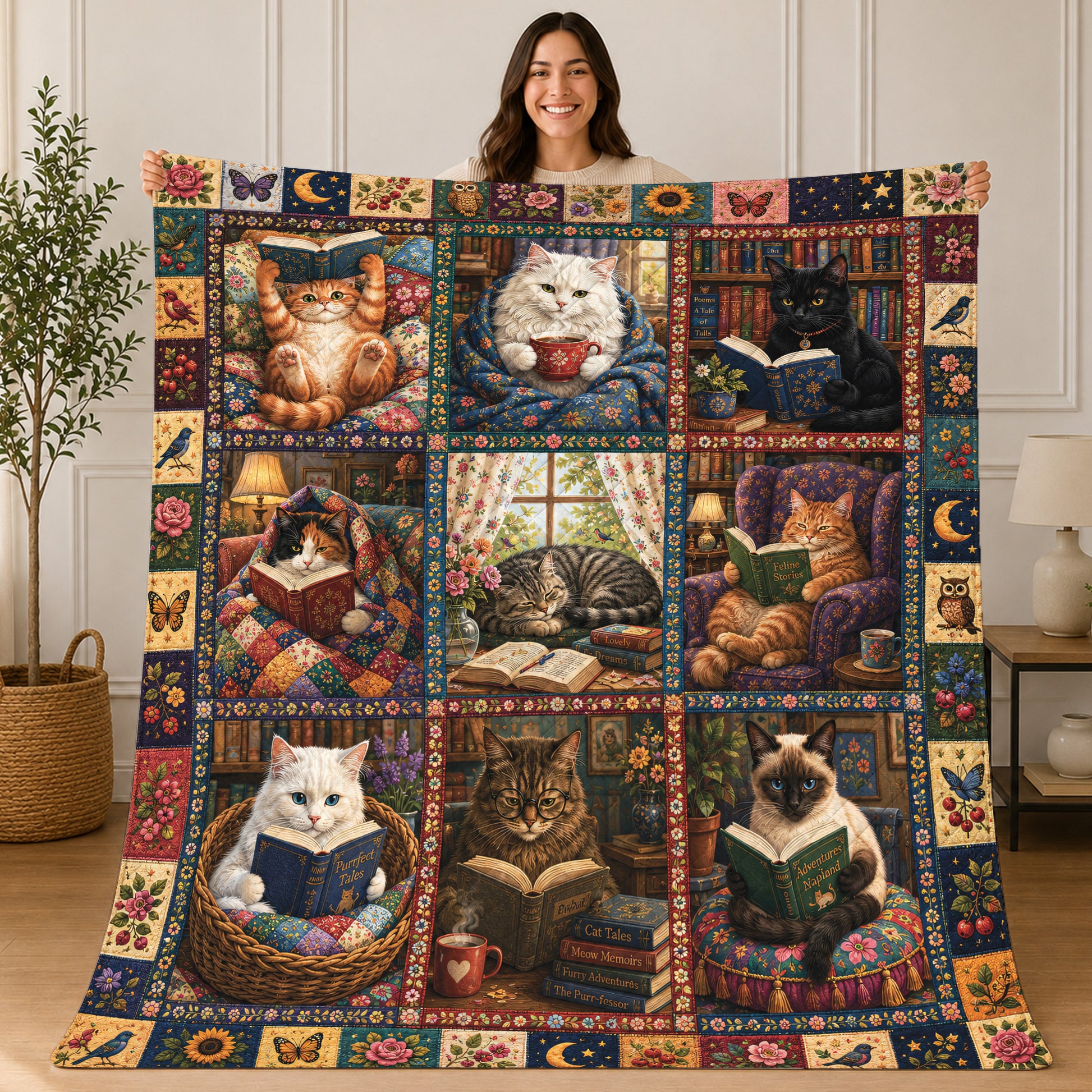 Cat Lover Quilted Blanket, Floral Patchwork, Book Lover Gift