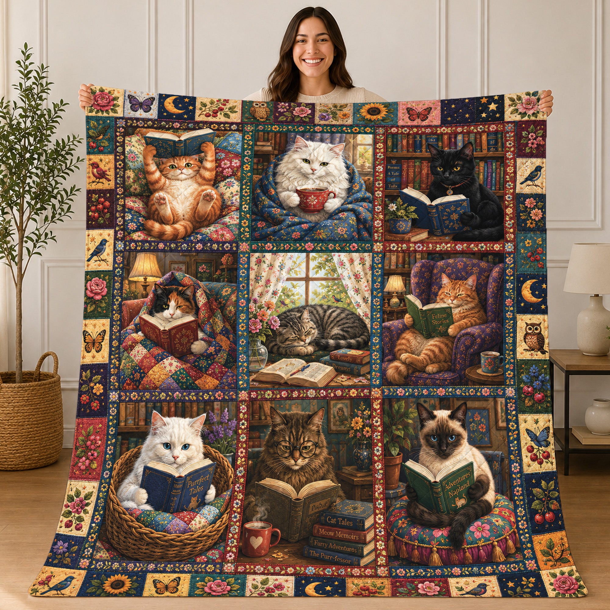 Cat Lover Quilted Blanket, Floral Patchwork, Book Lover Gift