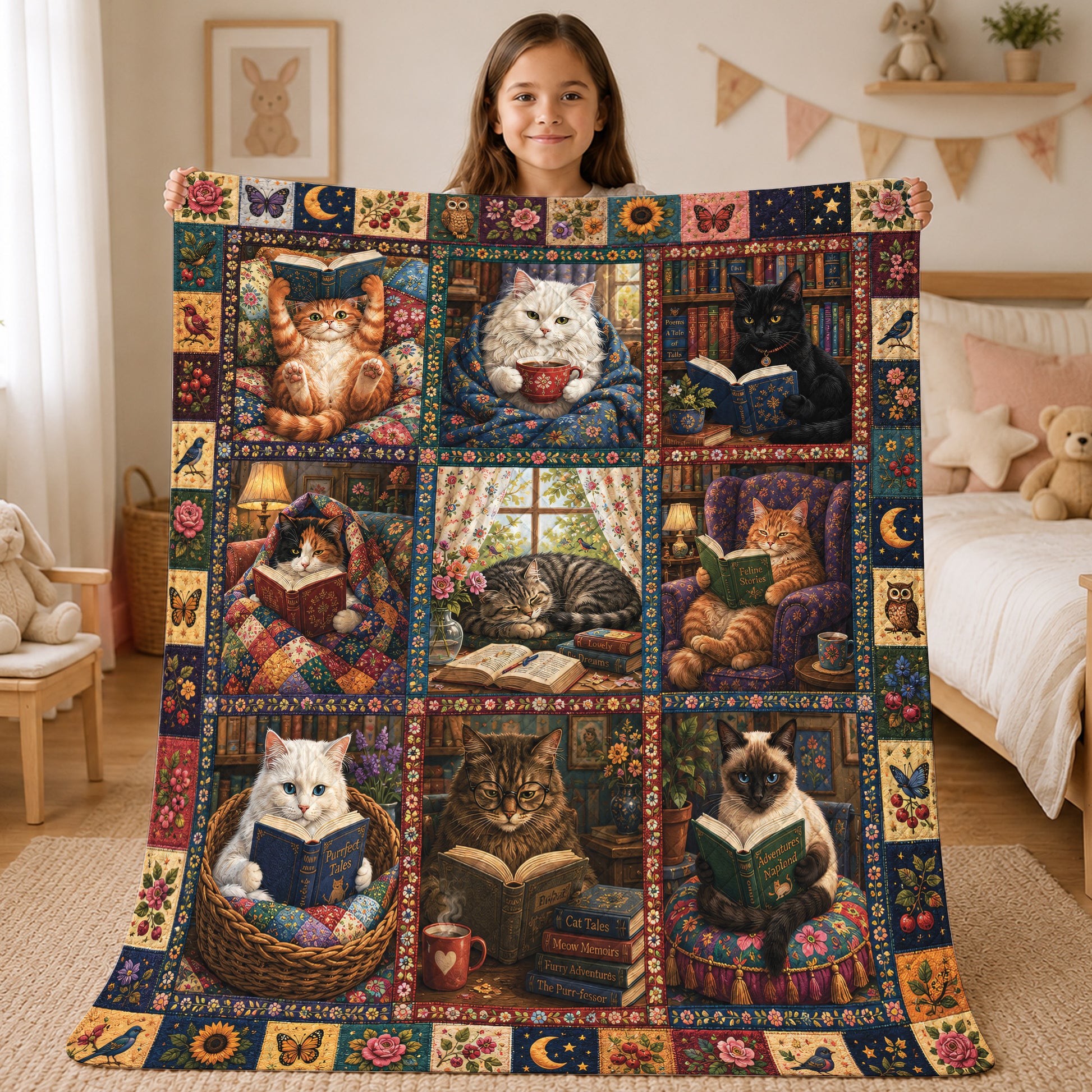 Cat Lover Quilted Blanket, Floral Patchwork, Book Lover Gift