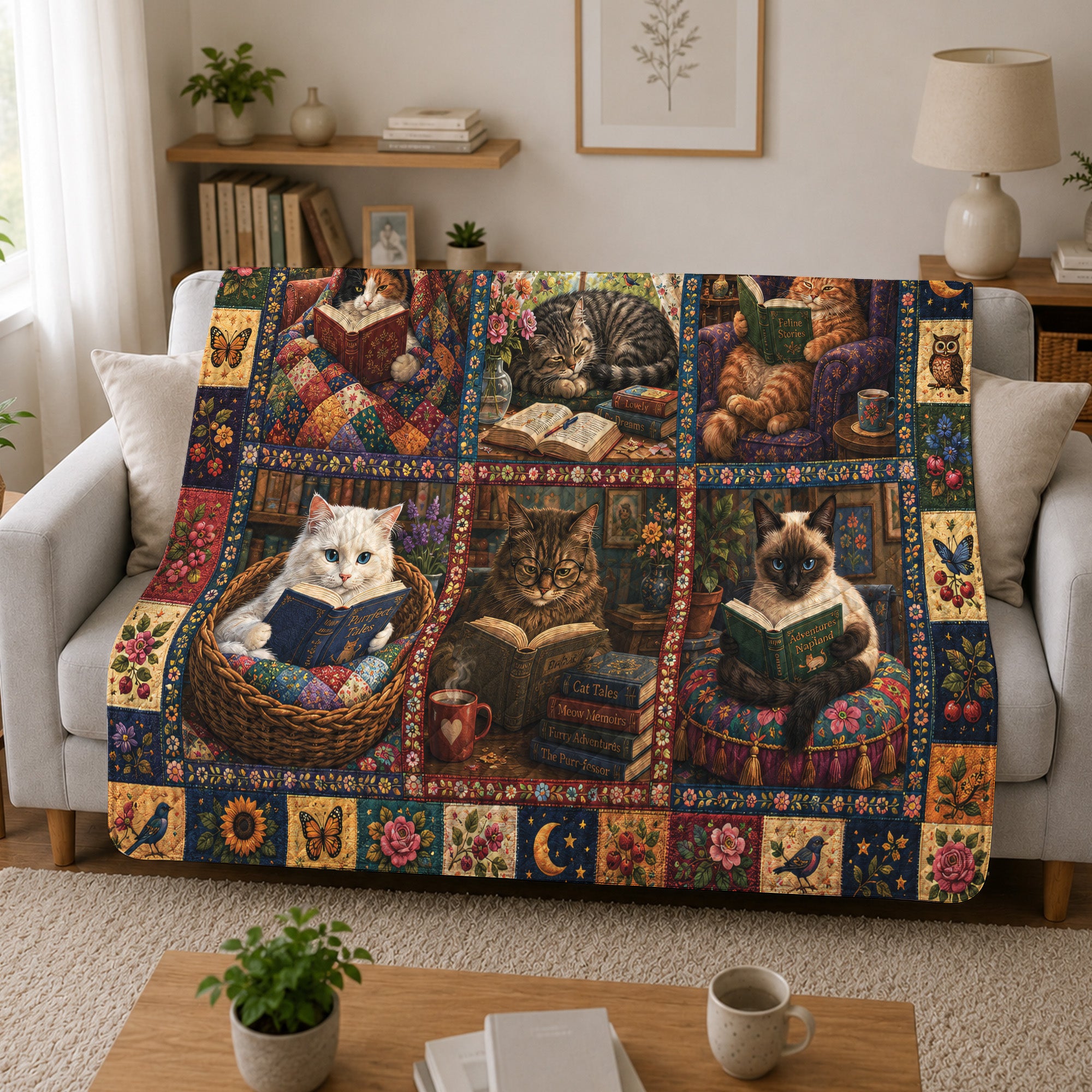 Cat Lover Quilted Blanket, Floral Patchwork, Book Lover Gift