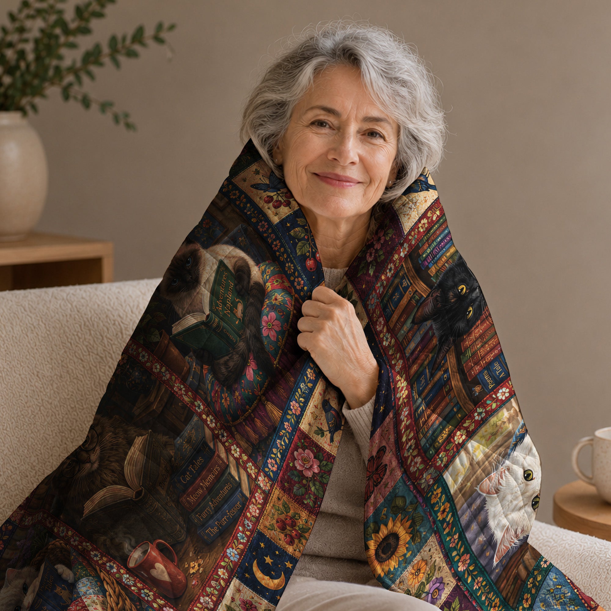 Cat Lover Quilted Blanket, Floral Patchwork, Book Lover Gift