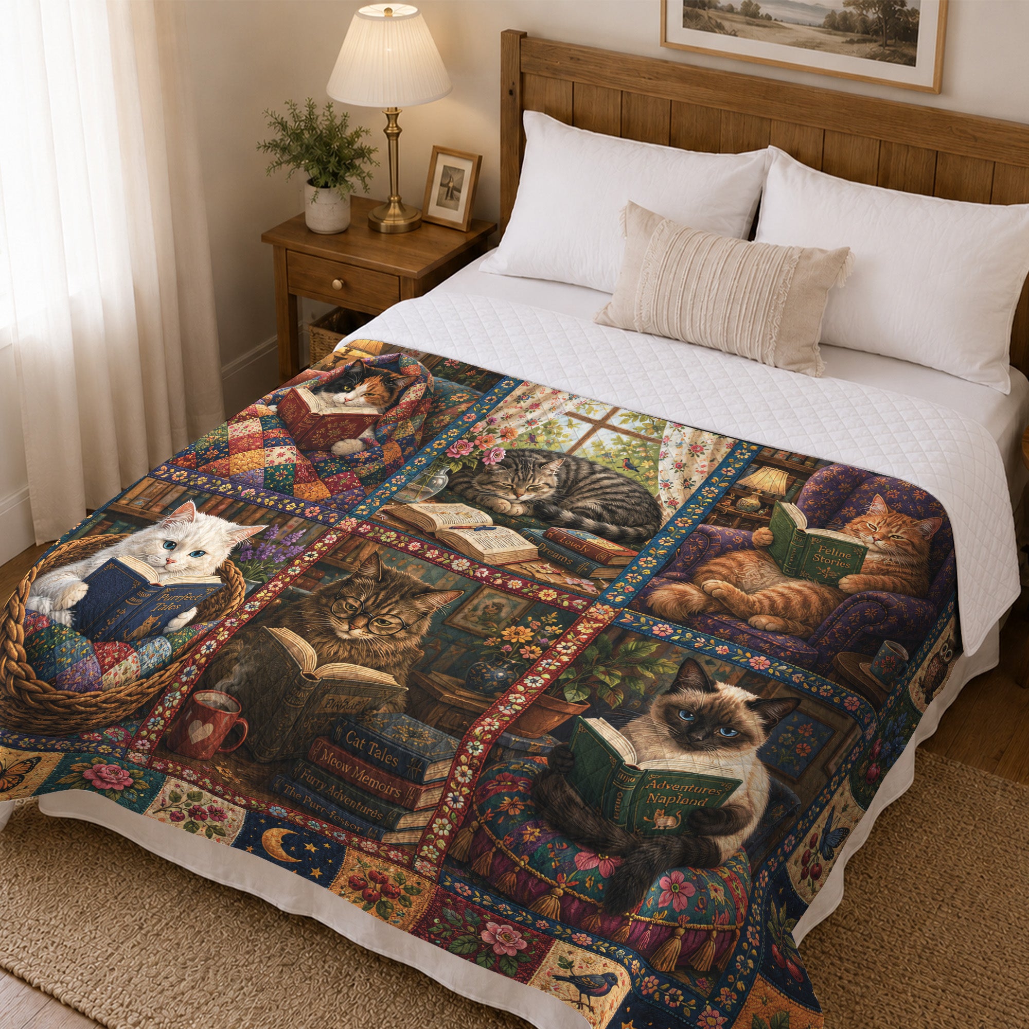 Cat Lover Quilted Blanket, Floral Patchwork, Book Lover Gift