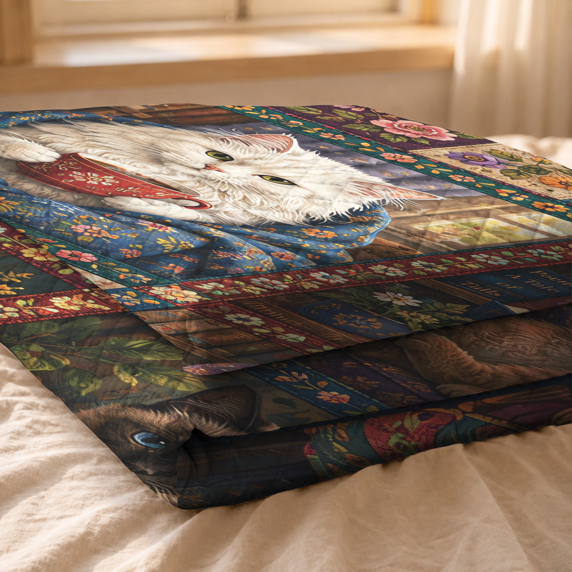 Cat Lover Quilted Blanket, Floral Patchwork, Book Lover Gift