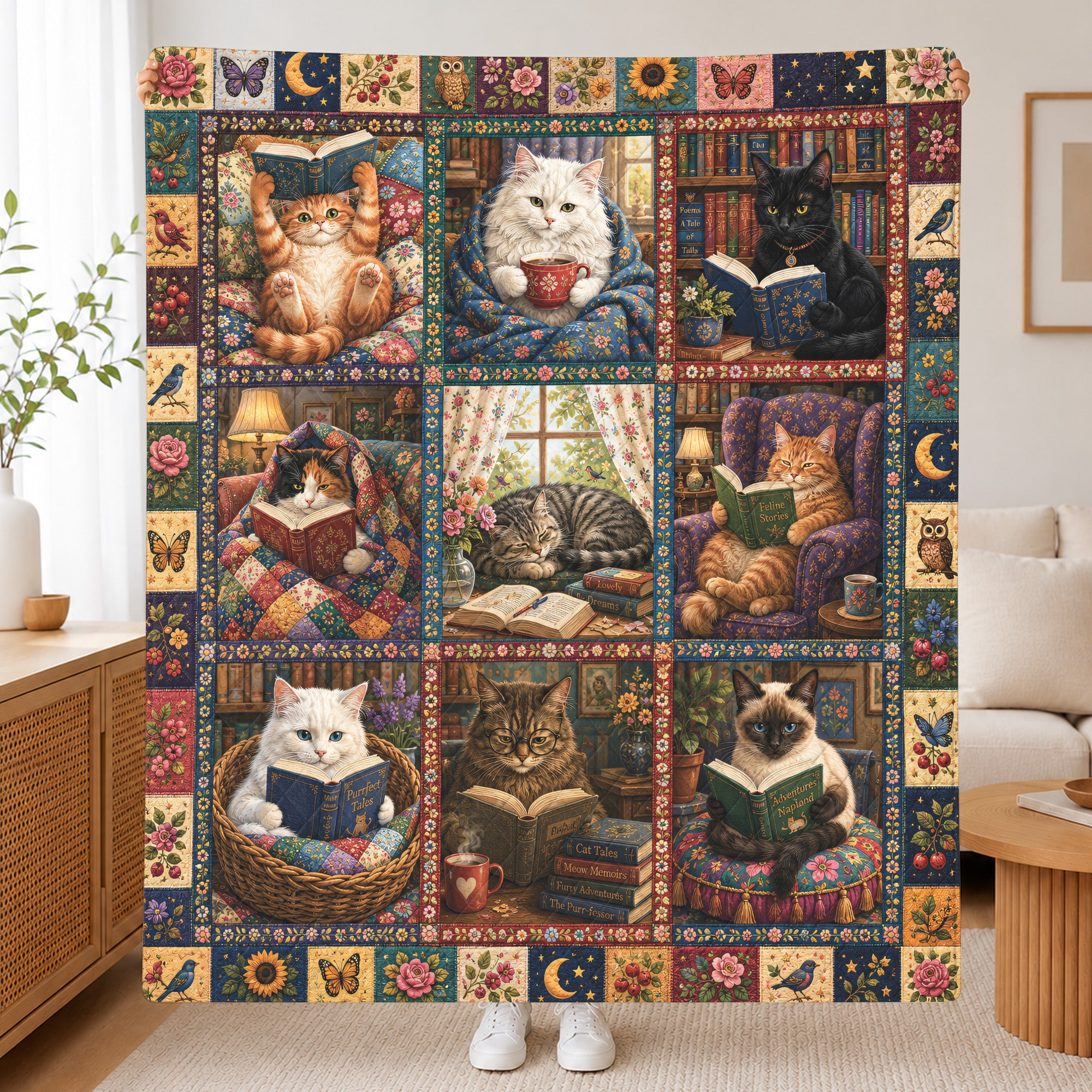Cat Lover Quilted Blanket, Floral Patchwork, Book Lover Gift